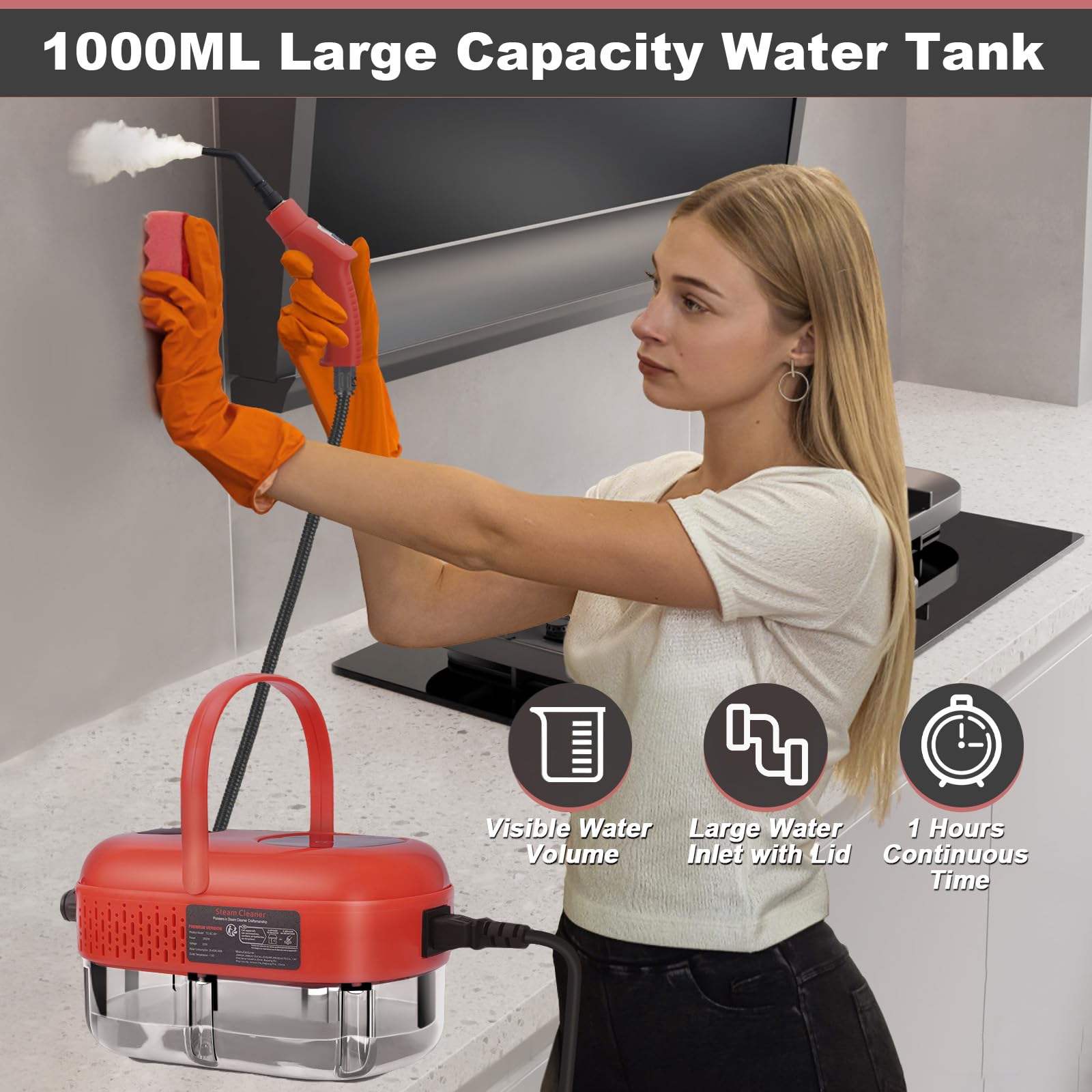 Handheld Steam Cleaner, 1000ml Water Tank, 15S Heat-up Time, Multipurpose Steamer for Home Use, Pressurized Steamer for Cleaning Floor, Upholstery, Grout and Car Red