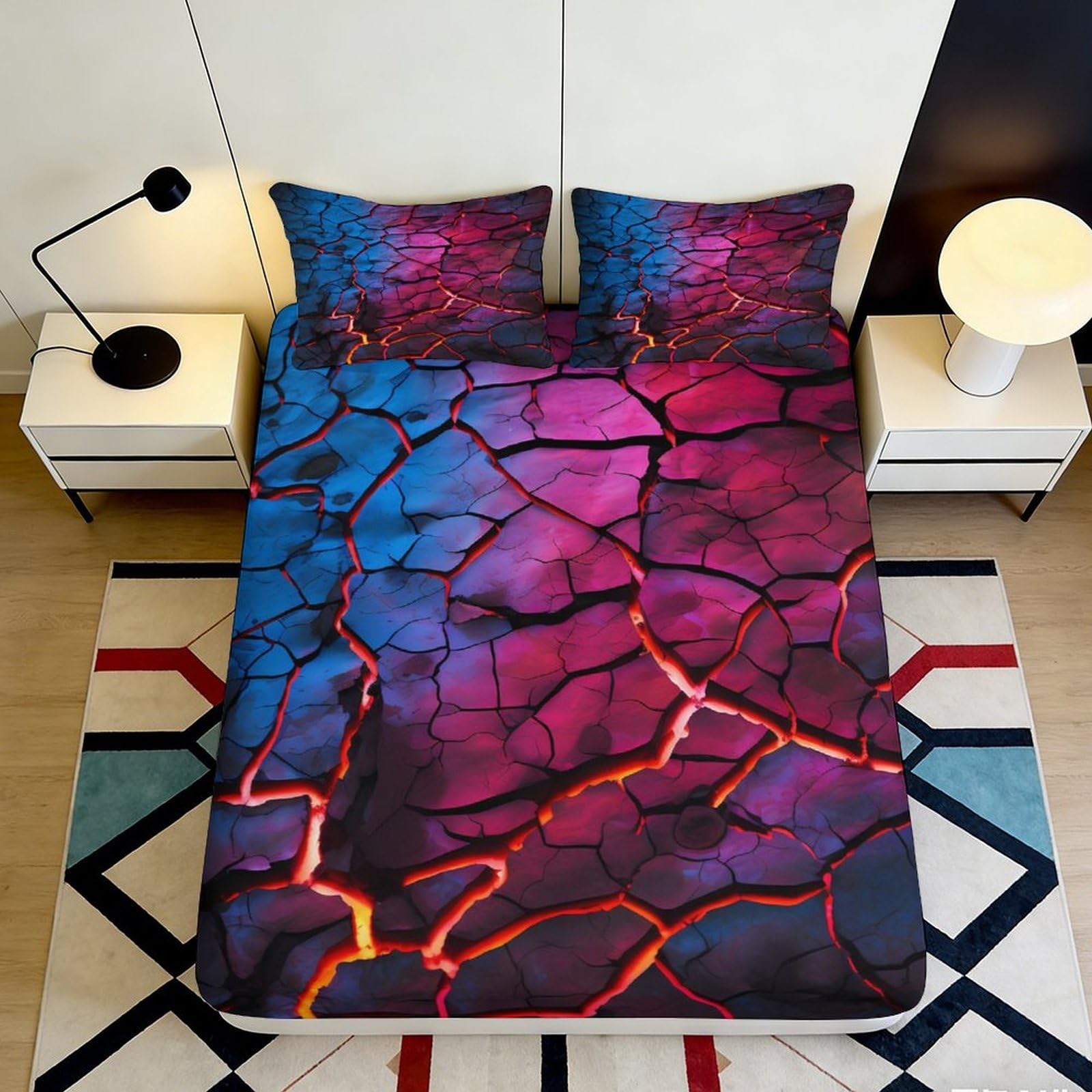 3D Printed Lava Cracked Fitted Sheet Microfiber Soft Breathable Magma Abstract Bed Cover for Bedroom Dorm Decor 90x200x25cm