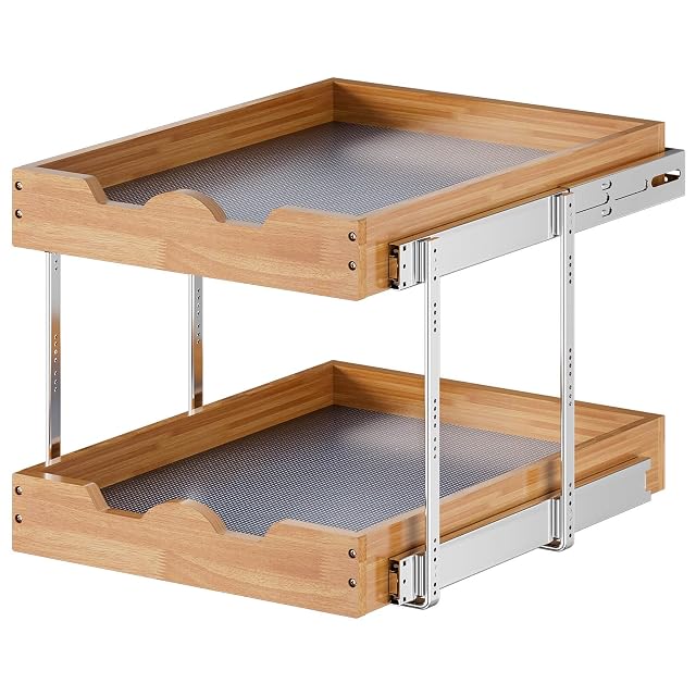 OCG 2 Tier Pull Out Cabinet Organizer 20W x 21D Heavy-Duty Slide out Wood Drawer Shelf Pull Out