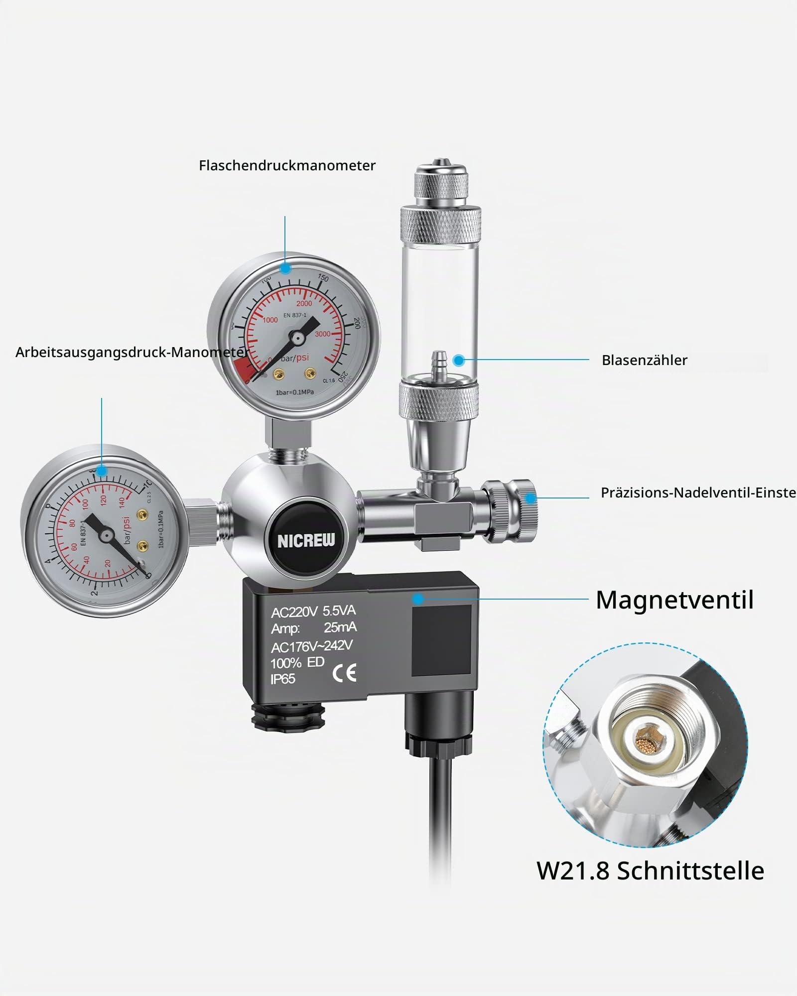 NICREW Außen CO2-Regler für Aquarien, Druckminderer für bepflanztes Aquarium, Doppelmanometer mit Magnetventil, Blasenzähler, Schnittstelle W21,8