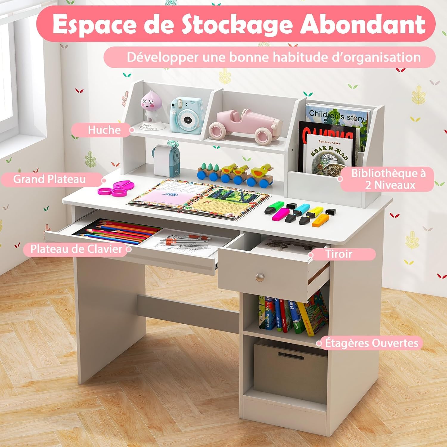 GOPLUS Bureau Enfant Fille Garcon, 3 en 1 Bureau Enfant avec Rangement, avec 1 Tiroir 2 Étagères, Table Enfant en Bois avec Plateau à Clavier, 90X45X90CM (Blanc)