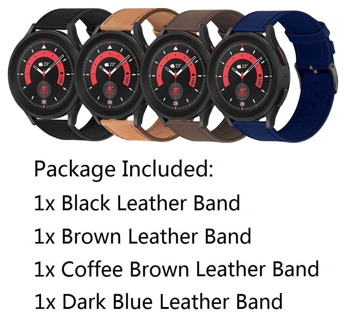 ?4 Pack?Leather Band for Galaxy Watch 5 Pro 45mm/4 Classic 46mm 42mm Bands, O.B.O 20mm Watch Strap Compatible for Samsung Galaxy Watch 5/4 40mm 44mm/Active 2/3 41mm Band, Brown,Coffee,Black,Dark Blue
