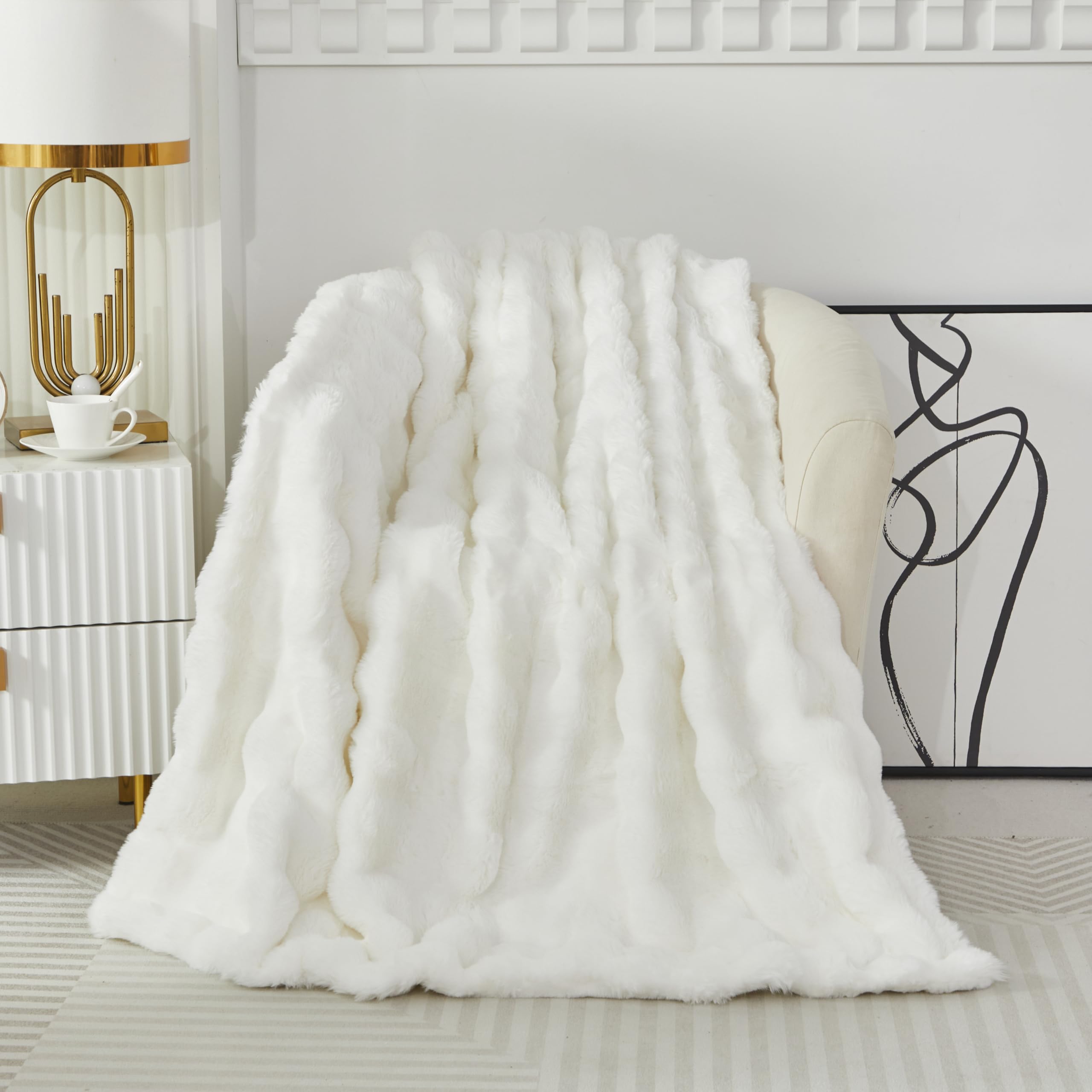 Kuscheldecke Kaninchen Plüsch Flauschige Decke Soft Wohndecke Dick 1000GSM Flanell Decke Couchdecke Warme Überwurfdecke Sofadecke Vielseitig Blanket Für Bett Sofa Schlafzimmer Büro Weiß 160x200cm