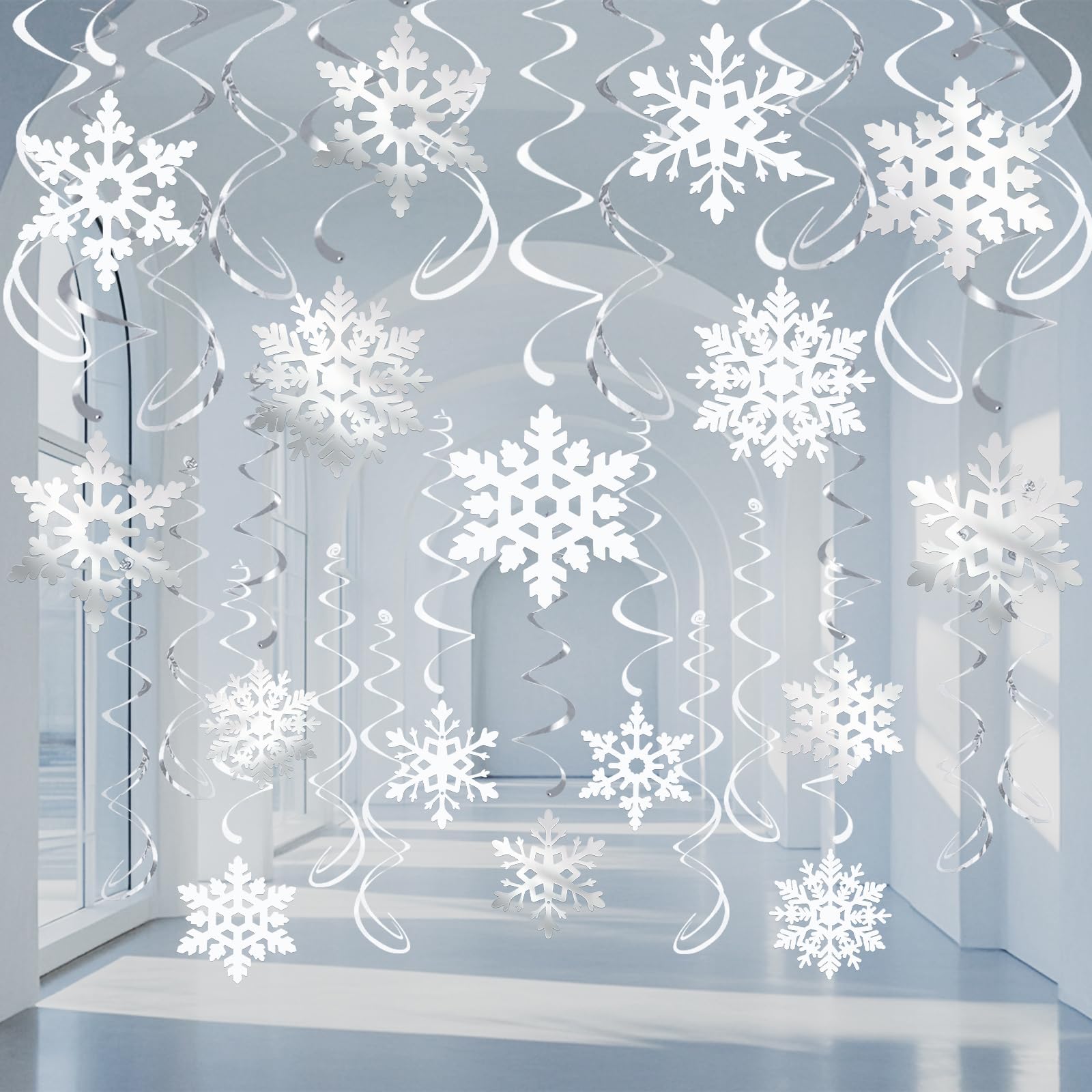 PartyGarden Christmas Winter Wonderland Snowflake Hanging Swirls Party Decoration White Silver Glitter Ceiling Decor Winter Holiday Party Decorative Snowflake Ornaments Garland 32 pcs