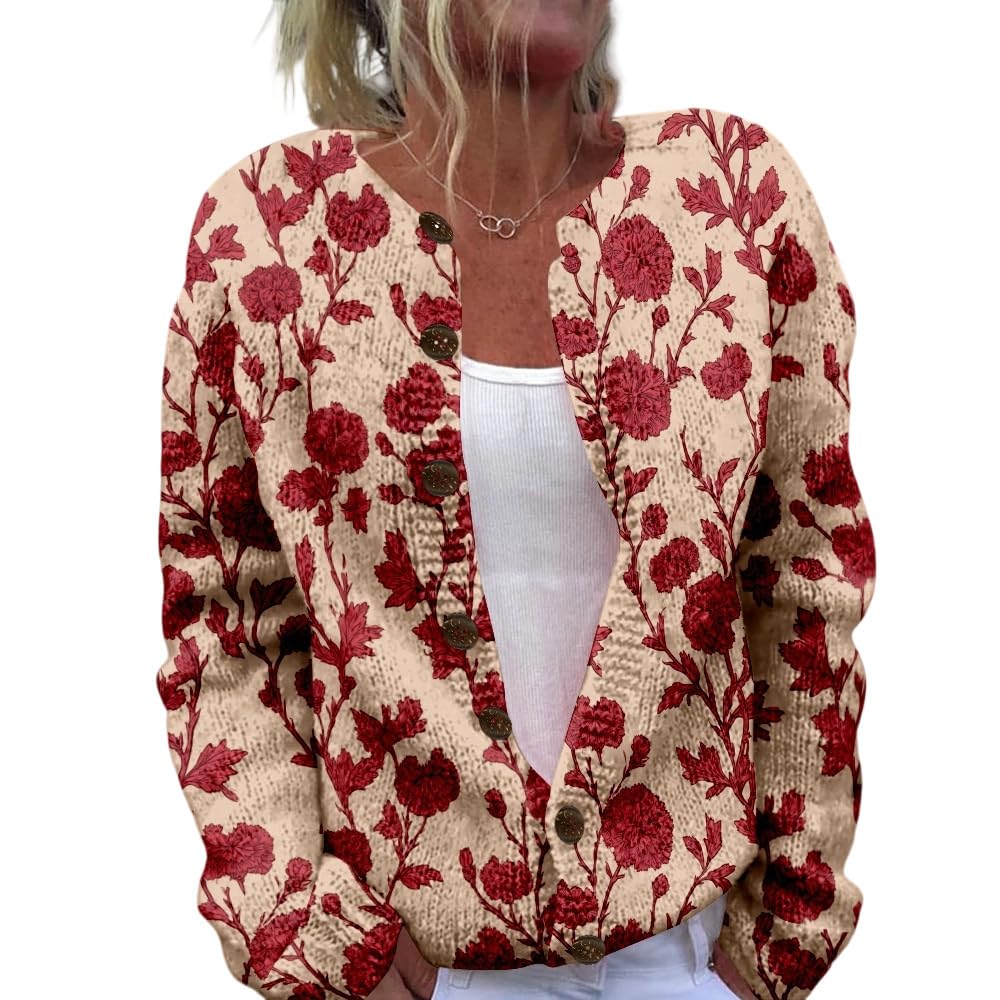Womens Floral Knit Cardigan Sweater Elegant Long Sleeve Loose Fit Button Down Casual Graphics Sweaters Fall Trendy