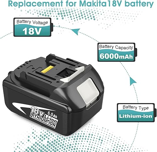 Miniatura 2 de Paquete de 2 baterías y cargador de repuesto BL1860B de 6000mAh para Makita 18V batería de iones de litio compatible con Makita batería de 18