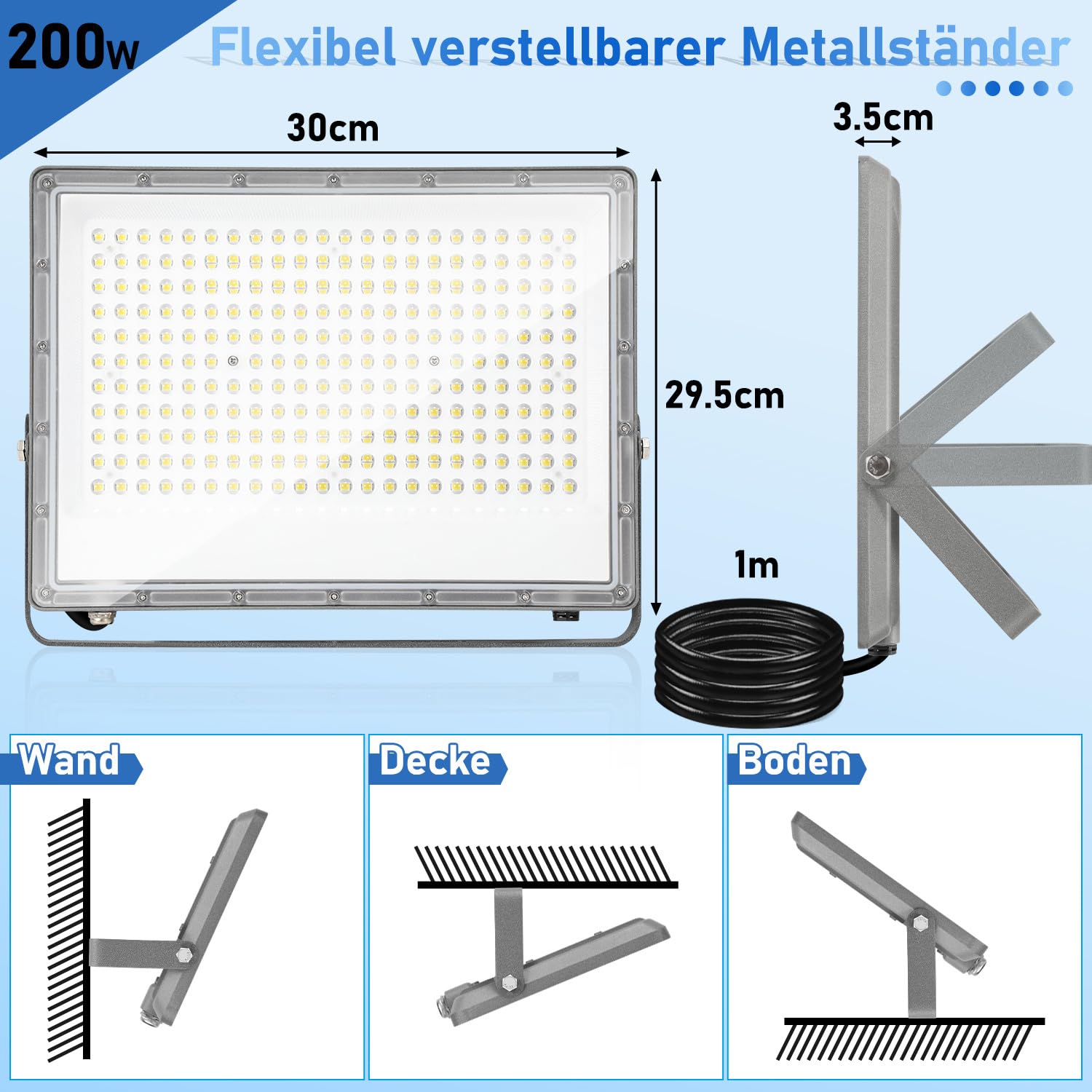 200W LED Strahler Außen 2er Pack, IP65 Wasserdicht und Superhell 19800LM Scheinwerfer, Flutlichtstrahler in 6000K Kaltweiß für Garage, Werkstatt, Garten, Stadion