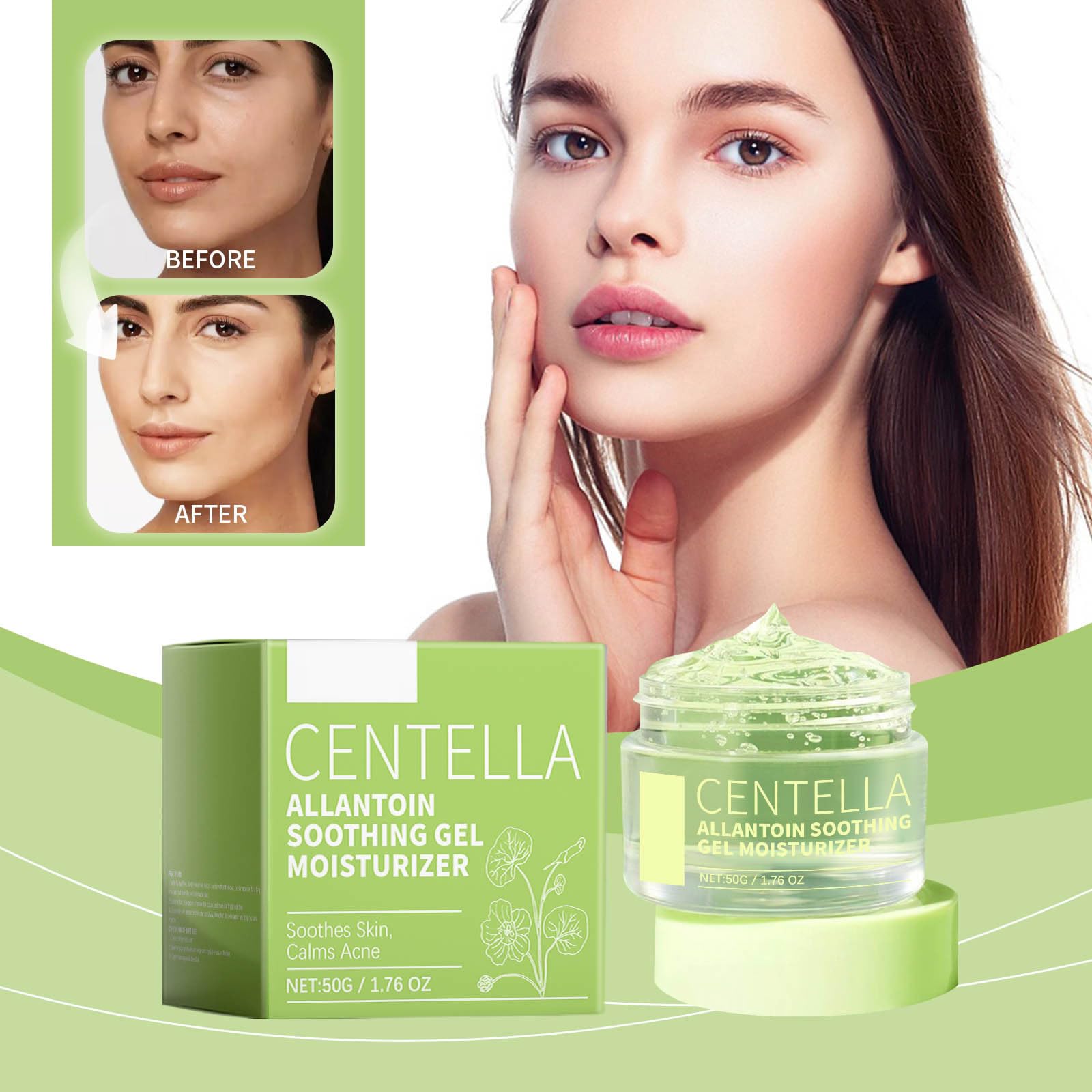 Glad2Glow Centella Allantoin Beruhigendes Gel-Feuchtigkeitscreme Ohne Alkohol Duft & Öl Beruhigendes und feuchtigkeitsspendendes Gesichtsgel für alle Hauttypen 1 Stück YbD013 (Green, 5x5x4.1cm)