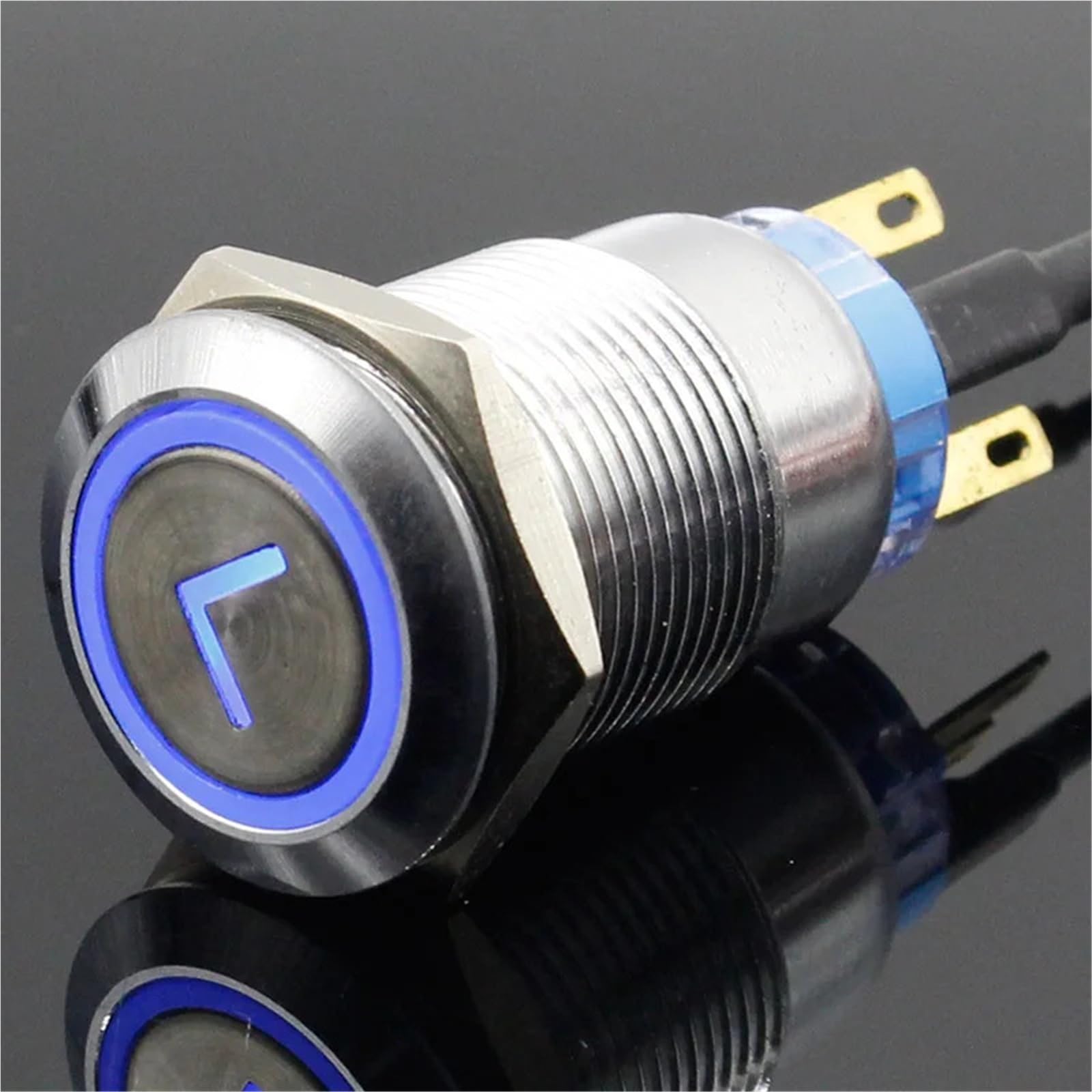 Interruttore a pulsante in ottone tipo L in metallo da 19 mm, illuminazione rotonda piatta, momentaneo, 1NO 1NC, 1 pezzo(Blue (arrow),Momentary,220V)