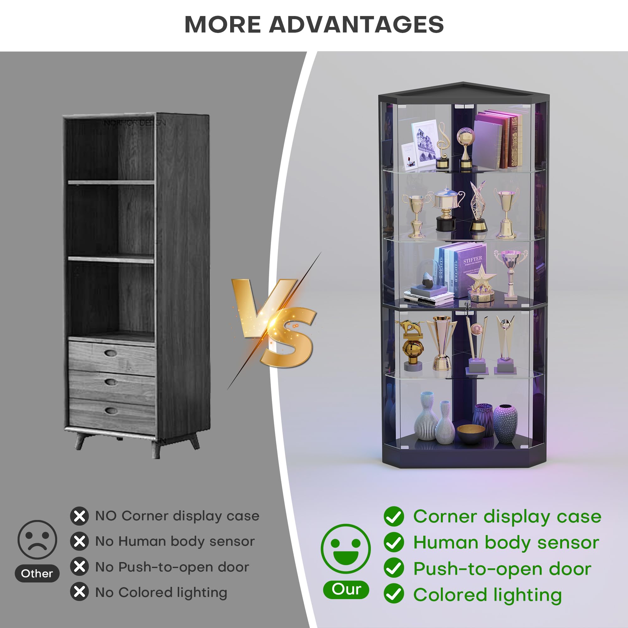 Eckvitrine – mit RGB Beleuchtung,5-Lagen Glasvitrine Vitrine mit Intelligente Sensorik,175 cm Höhe Vitrinenschrank Bücherregal Sammlervitrine Und Wohnzimmer Vitrine -Schlafzimmer Schwarz