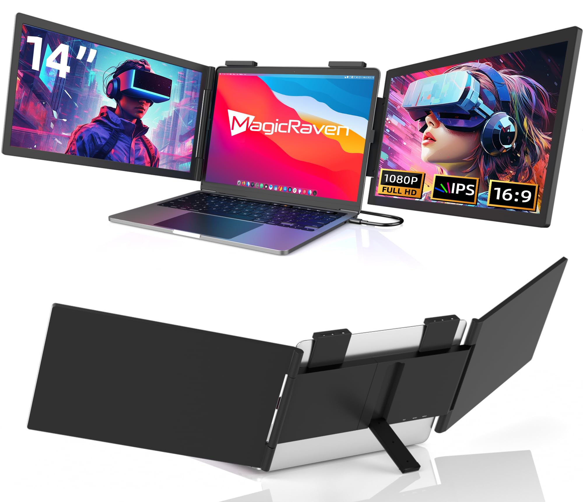 MAGICRAVEN Doppio Schermo PC Portatile, 14" FHD 1080P IPS Triplo Schermo PC Portatile, Monitor Portatile per Laptop da 14" a 16", Doppio Monitor Compatibile con Windows/MacBook/Chrome/PS/X-Bo