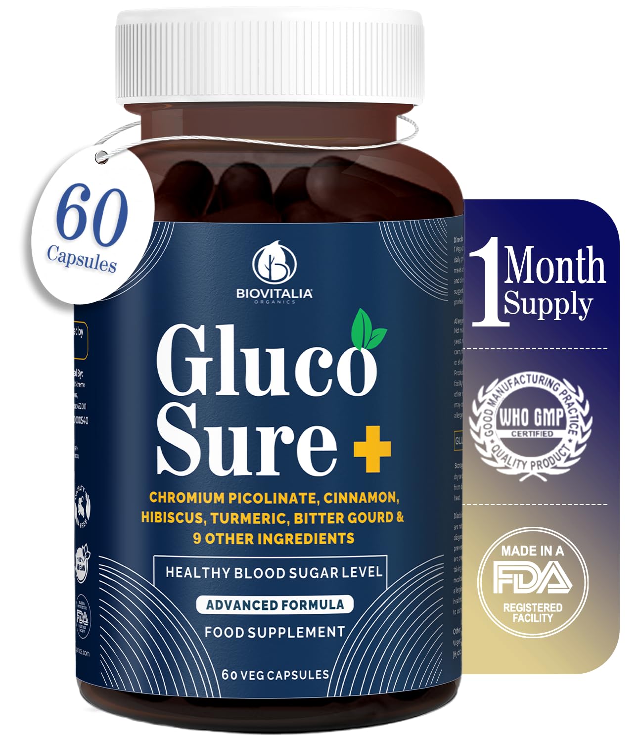 Biovitalia Gluco Sure+ Blood Sugar Control Supplement Capsules with Chromium Picolinate Cinnamon Bitter Gourd Hibiscus for Healthy Blood Sugar Levels Vegan Glucose Support Supplement - 60 Capsules