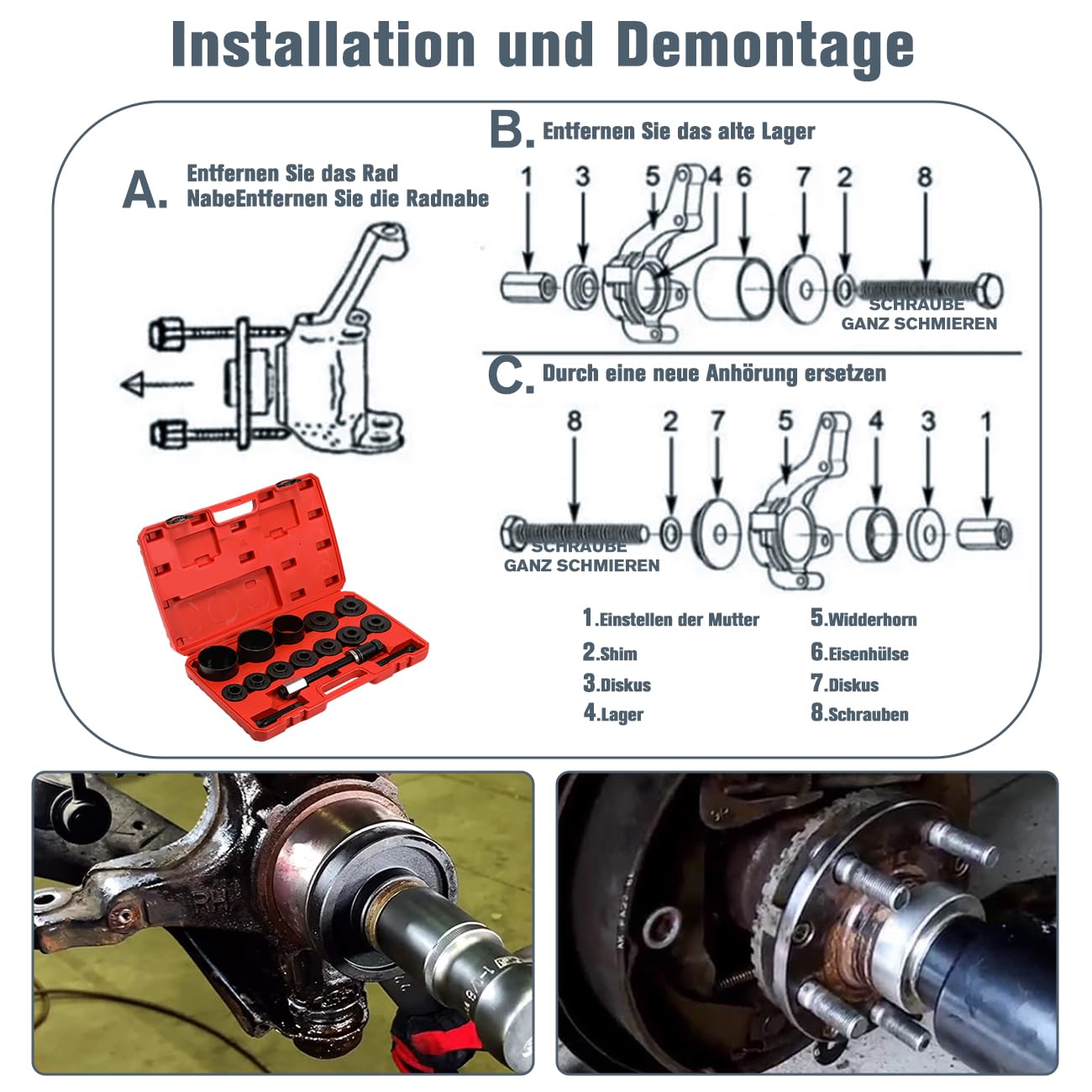 19 TLG Radlager Werkzeug Set Radlagerwerkzeug Radnabe Abzieher Ausdrücker Montage Demontage Kompatibel mit VW Kompatibel mit Audi Kompatibel mit Opel Kompatibel mit FIAT Kompatibel mit BMW
