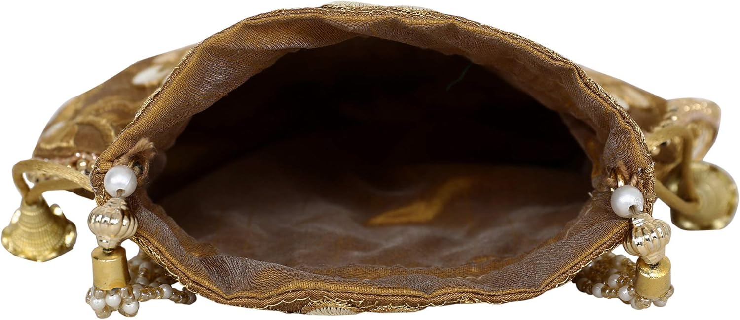 Potli Bag for Women Ethnic Gold, Pearl Handle Floral Accents, Drawstring Closure Pearls Handle Batwa Clutch Purse - Image 7