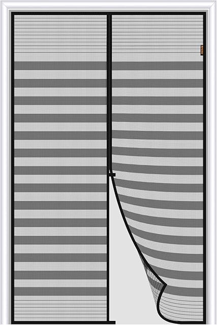 MAGZO Fly Screen for Doors 90 X 210 cm, Magnetic Fibreglass Door Curtain Mesh Self-Seal, Grey Mesh with Black Stripes