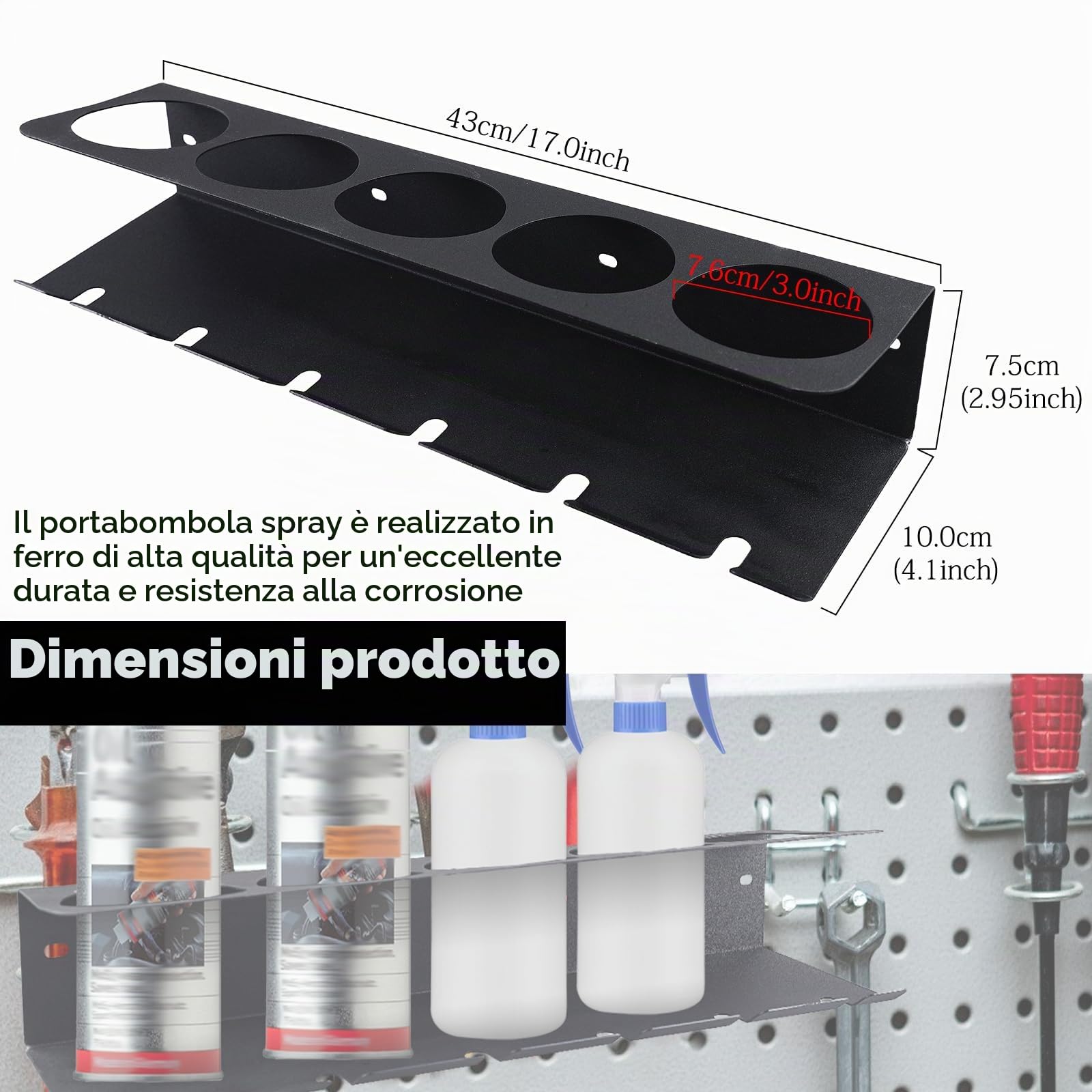 Porta Bombolette Spray 43×10 cm: Porta Bombole, Portaoggetti per Bombole di Lubrificante, Organizzatore per Bottiglie di Vernice a 5 Fori per Garage, Casa