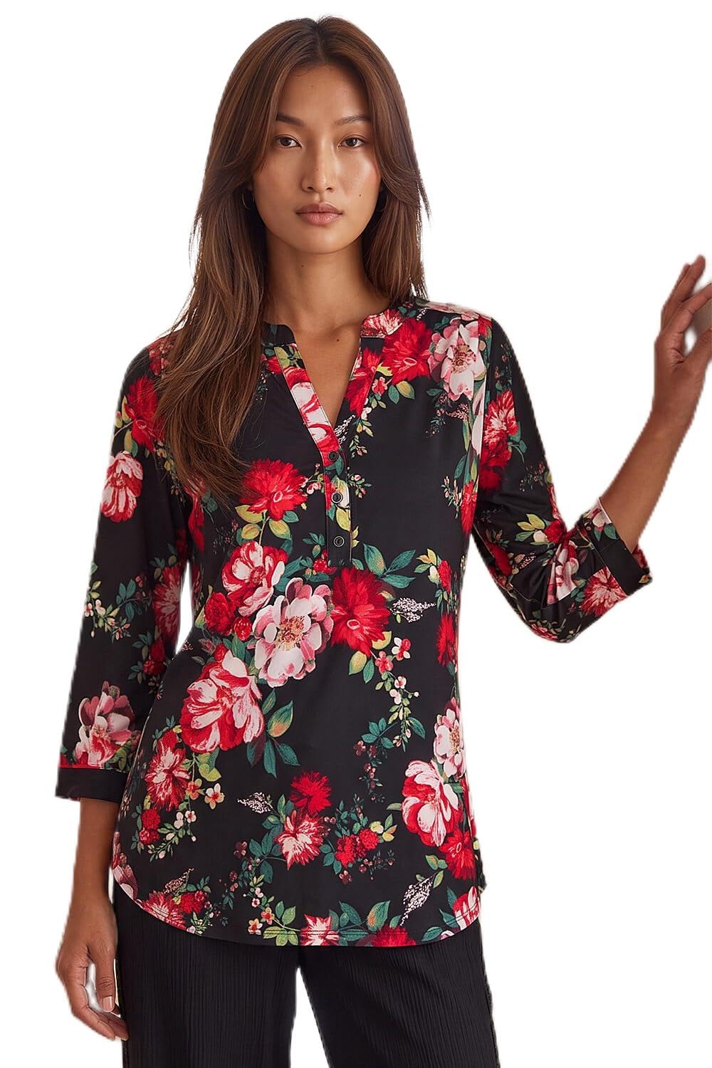 Roman Women's Red Floral Print Stretch Shirt In | Size: 14