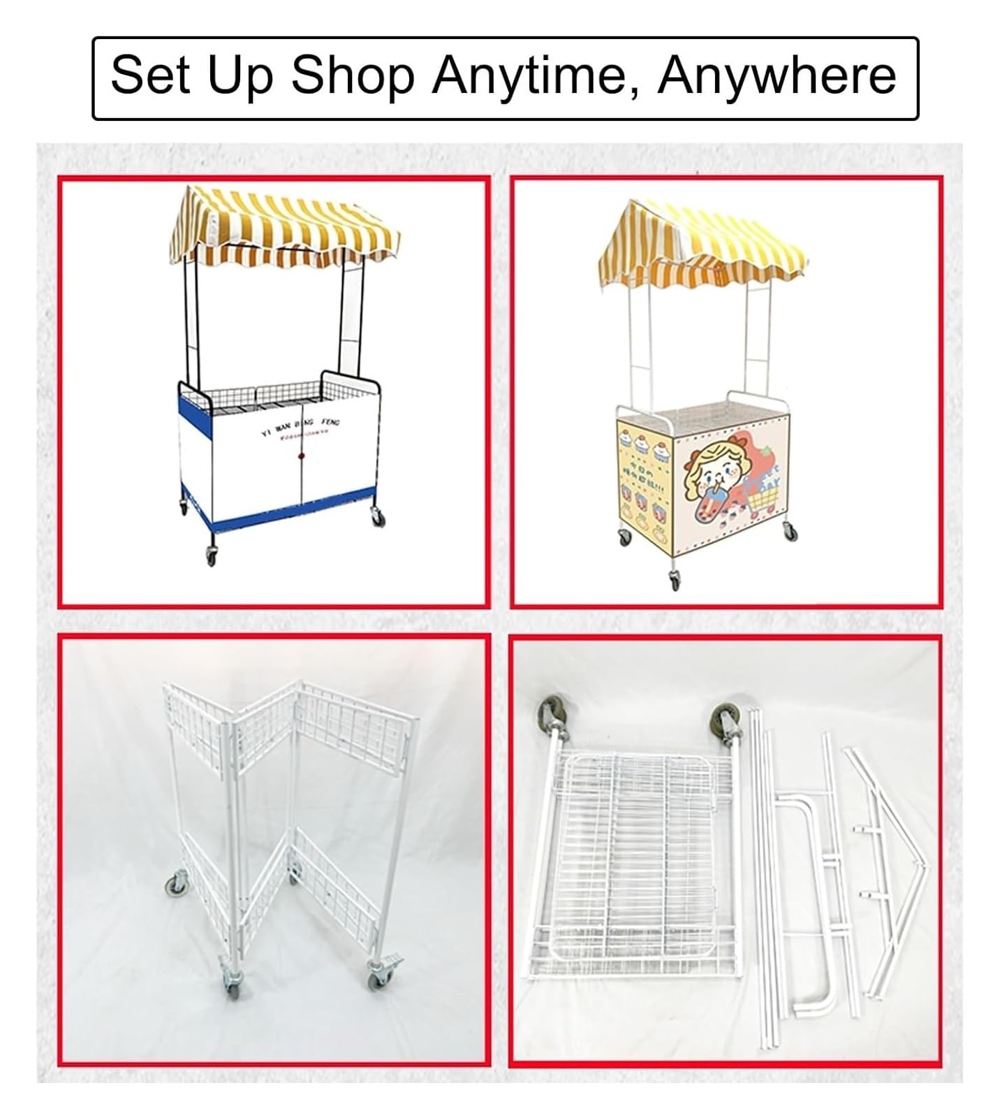 Carrito de Comida portátil con toldo - Carrito móvil for vendedores ambulantes de Pasteles, Frutas, Flores y Ventas de Segunda Mano - Ideal for mercados, Eventos y Actividades al Aire Libre