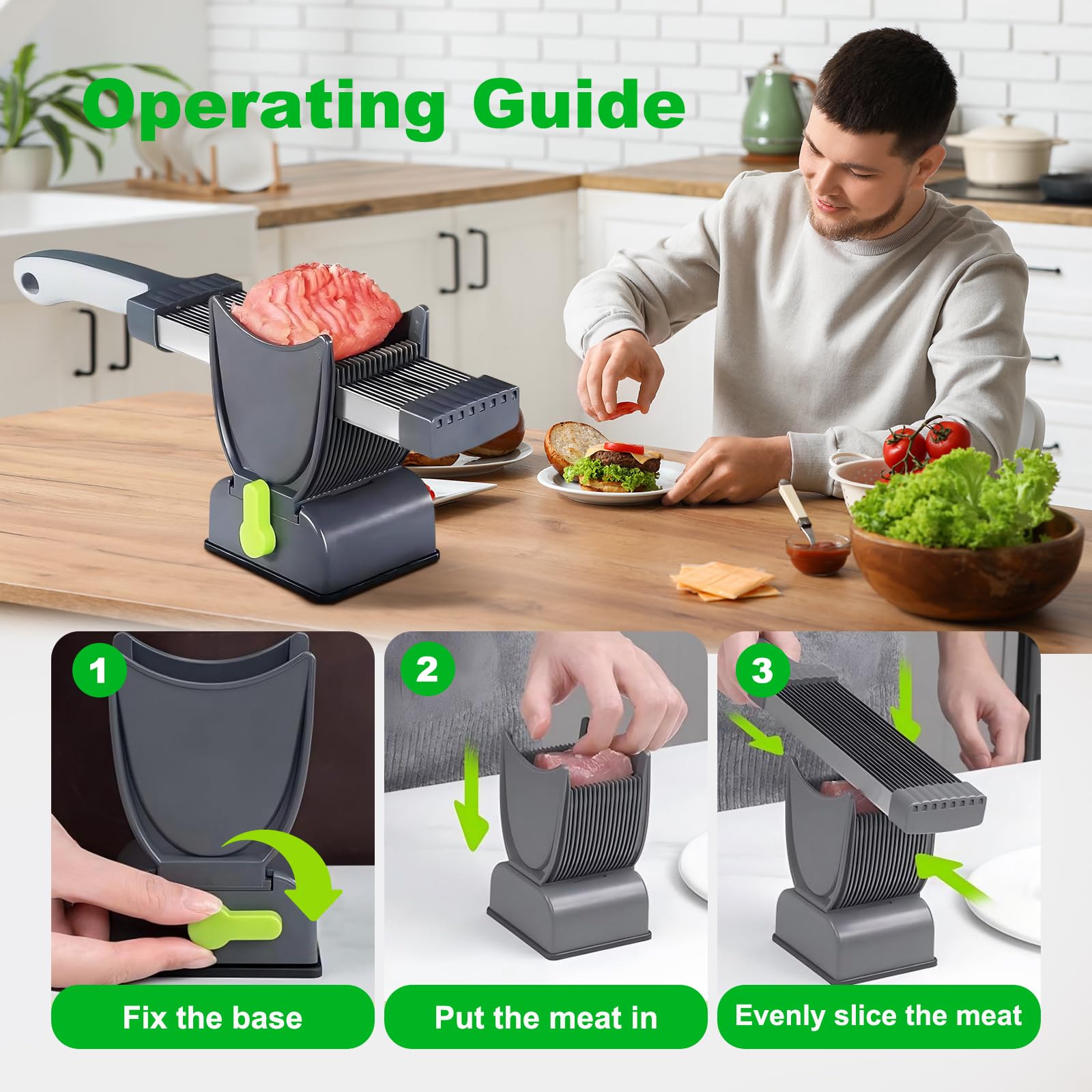 Fresh Meat Slicer mit fach Dickeneinstellung,Edelstahl Fleischschneidemaschine für Frisches Rohes Fleisch,Fisch,Gemüse,Mit 2 Klingen, Saugfuß & Bürste