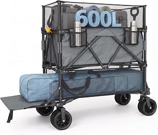 Double Decker Wagon with High Extender & Tailgate - 600L Large Foldable Collapsible Wagon Cart with Big Wheels for Camping, Groceries, Sports(Grey)