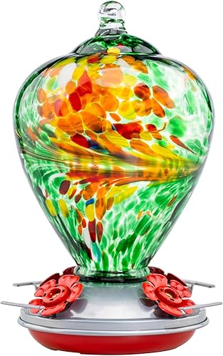 Muse Garden - Comedero para colibríes para exteriores, vidrio soplado a mano, 34 onzas, foso de hormigas incluido, Peacock