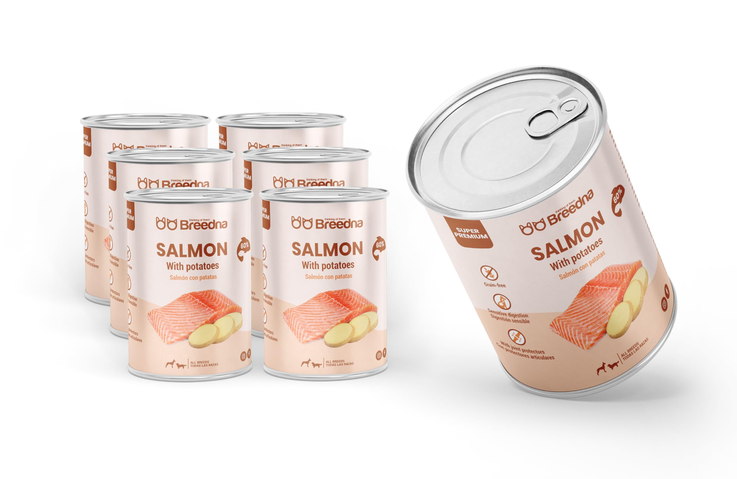 BREEDNA – Pack 6 Cans 400 g Wet Food Salmon with Potatoes | 60% Salmon Meat | for Young and Adult Dogs of All Breeds | Hypoallergenic Grain Free Food for Optimal Digestion