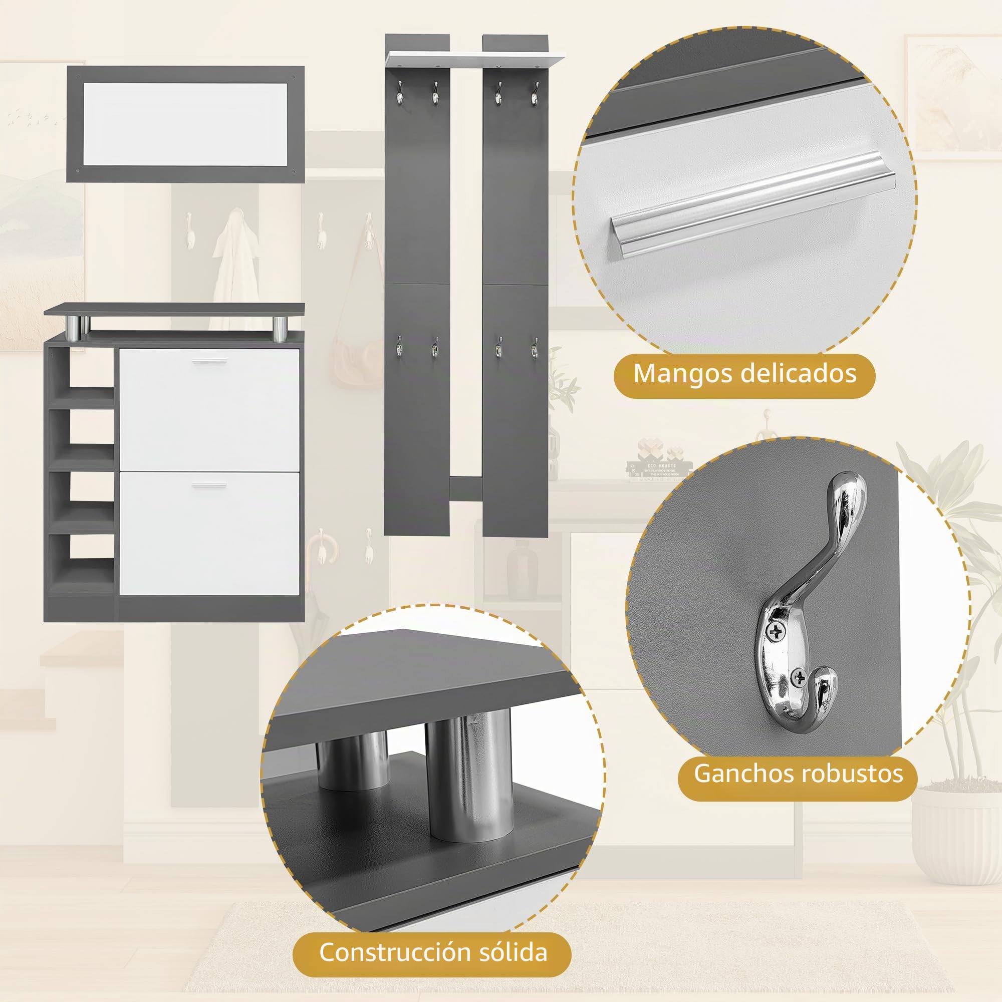 Lexiou Juego de perchero de pared, 80 x 25 x 96,5 cm, incluye espejo, 2 paneles de pared, una estantería y un zapatero, cuerpo gris antracita mate, muebles de pasillo