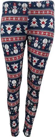 Junior Womens Blue & Red Snowman & Christmas Tree Holiday Leggings Pants