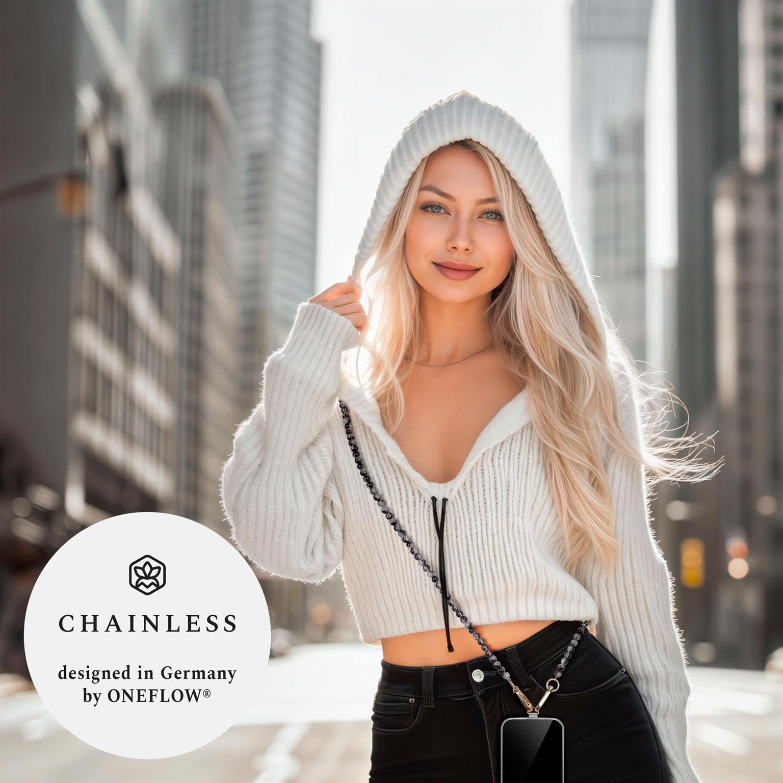 ONEFLOW Perlen Handykette Universal zum Umhängen, Handyband für Hüllen, Glitzer Perlen Kette ohne Handyhülle, Abnehmbar mit Karabiner für alle Smartphones, Chainless Paradise Pearls