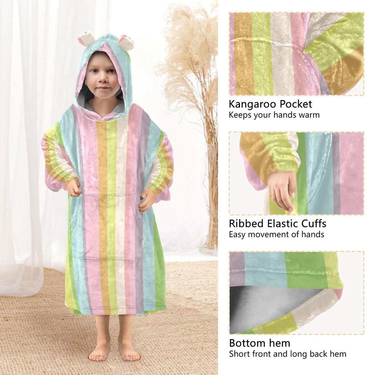 Rowbin Stripes dziecięcy koc do noszenia z kapturem, oversize, bluza z kapturem, kolorowe paski, dla chłopców i dziewcząt w wieku 3-14 lat