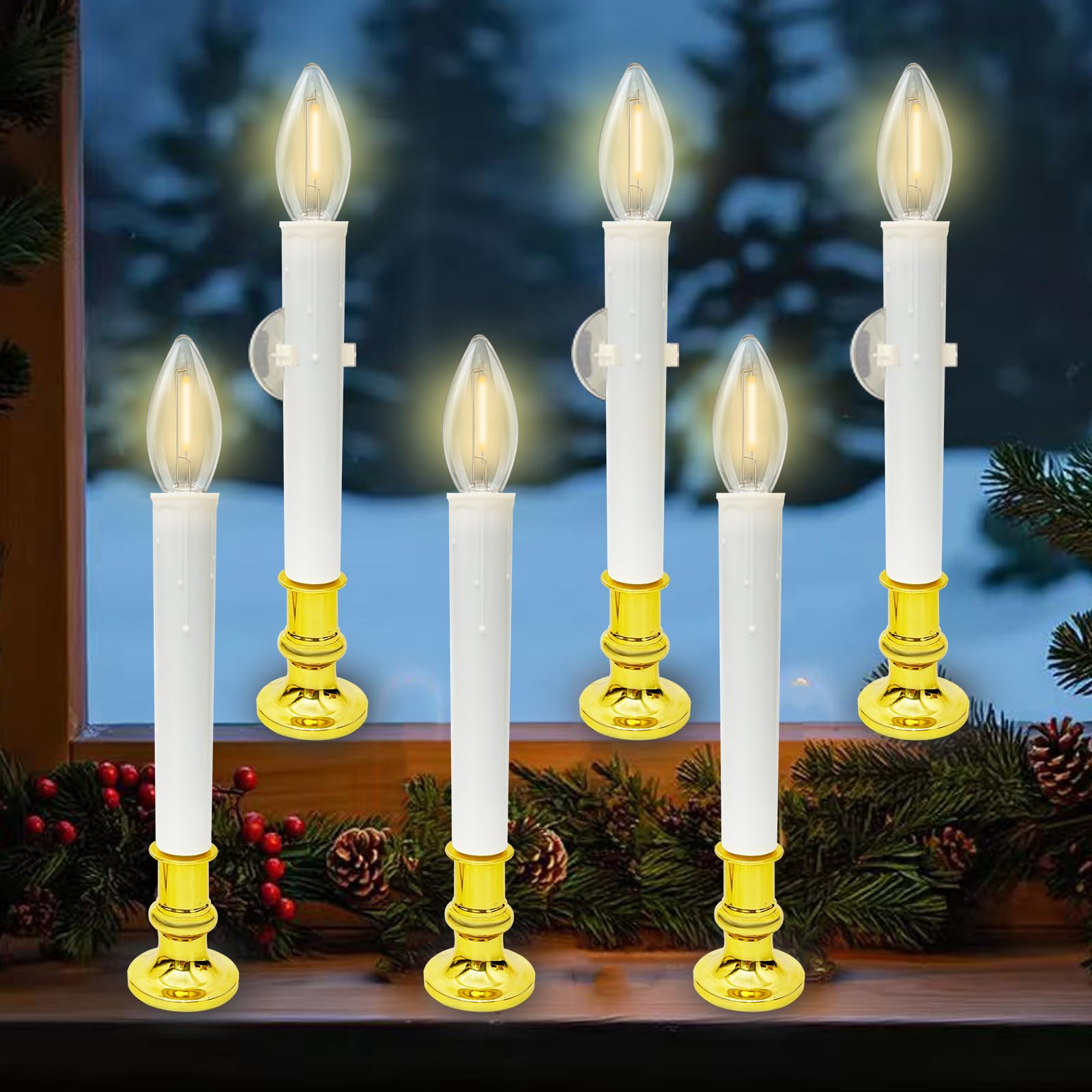 LED-Weihnachts-Fensterkerzen mit Timer, 26,7 cm, flammenlose Kerzen mit C26 0,6 W weichen weißen Leuchtmitteln, E12-Sockel, batteriebetrieben mit 4,5 cm Messinghaltern und Saugnäpfen, für