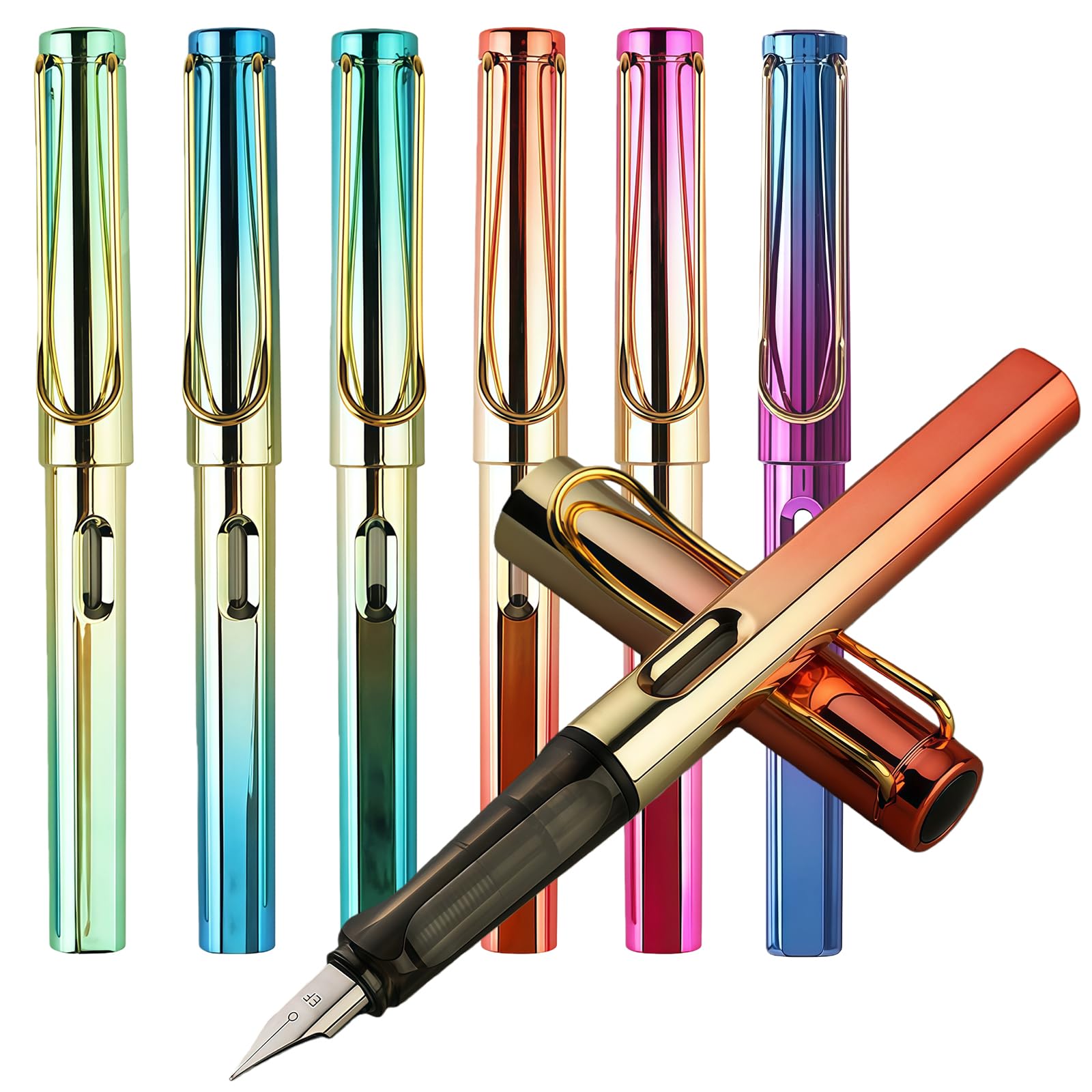 Yolkify Fountain Pen, Fountain Pens for Writing, 6Pcs Colorful Body 0.5mm Fine Nib Smooth Writing Comfortable Grip Calligraphy Pen for Office Home School Supplies Sketching Journaling Lettering Text