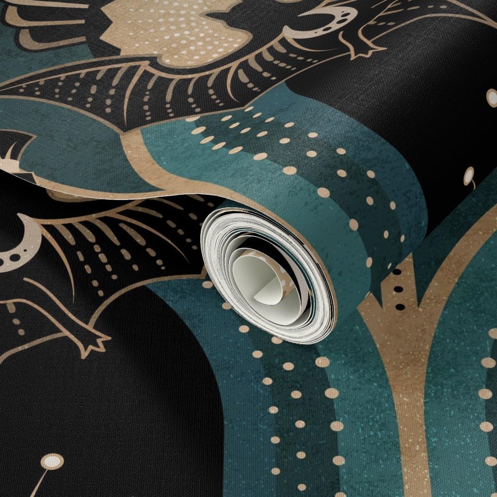 Spoonflower Peel & Stick Wallpaper 6ft x 2ft - Elegant Art Deco Bats Flowers Teal Gold Black Pink 1920S Opulent Maximalist Custom Removable Wallpaper