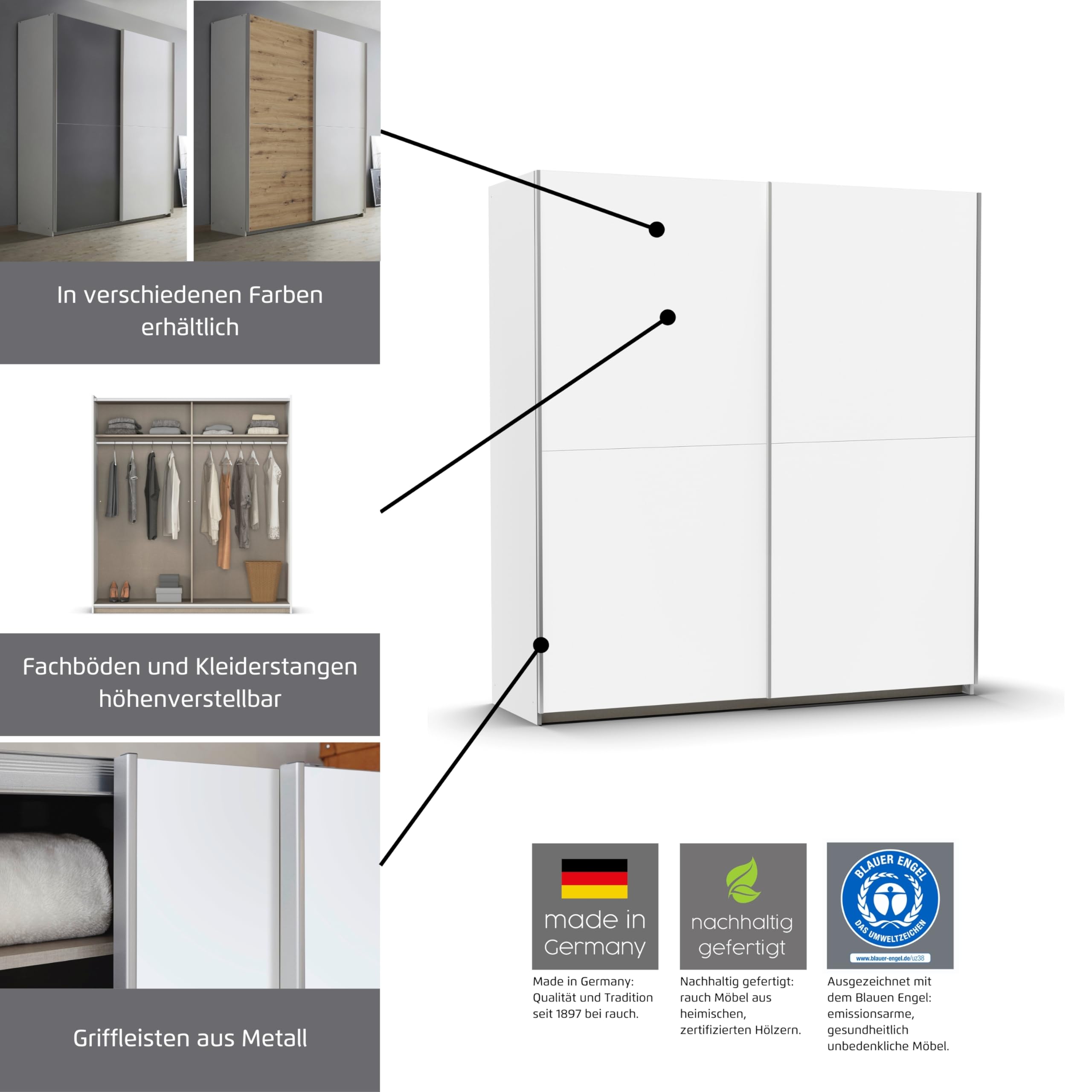 Rauch Möbel Saturn, Schwebetürenschrank, Weiß/Eiche Artisan, Breite 175 cm | Kleiderschrank mit Schiebetüren, 2-türig, mit 2 zusätzlichen Einlegeböden, für Schlafzimmer, Kinderzimmer, Jugendzimmer, Flur