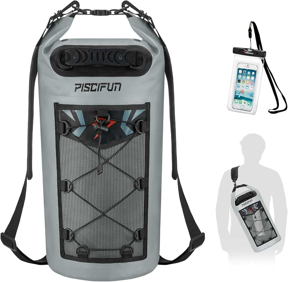 Bolsa seca Piscifun, mochila flutuante impermeável 5L/10L/20L/30L/40L com capa de telefone impermeável para passeios de barco, caiaque, pesca