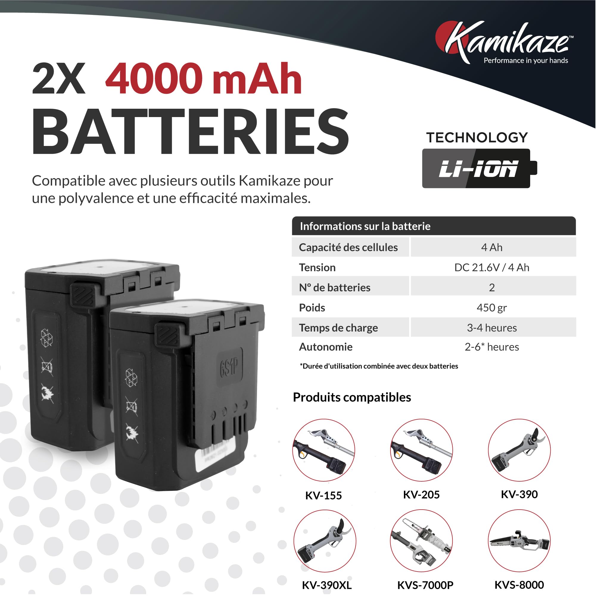 KAMIKAZE KV105. Perche d’élagage sans fil pour la taille en hauteur. Coupe Ø 38 mm. Longueur de la perche : 99 cm. Jusqu’à 8 heures d’autonomie. Comprend deux batteries lithium rechargeables.