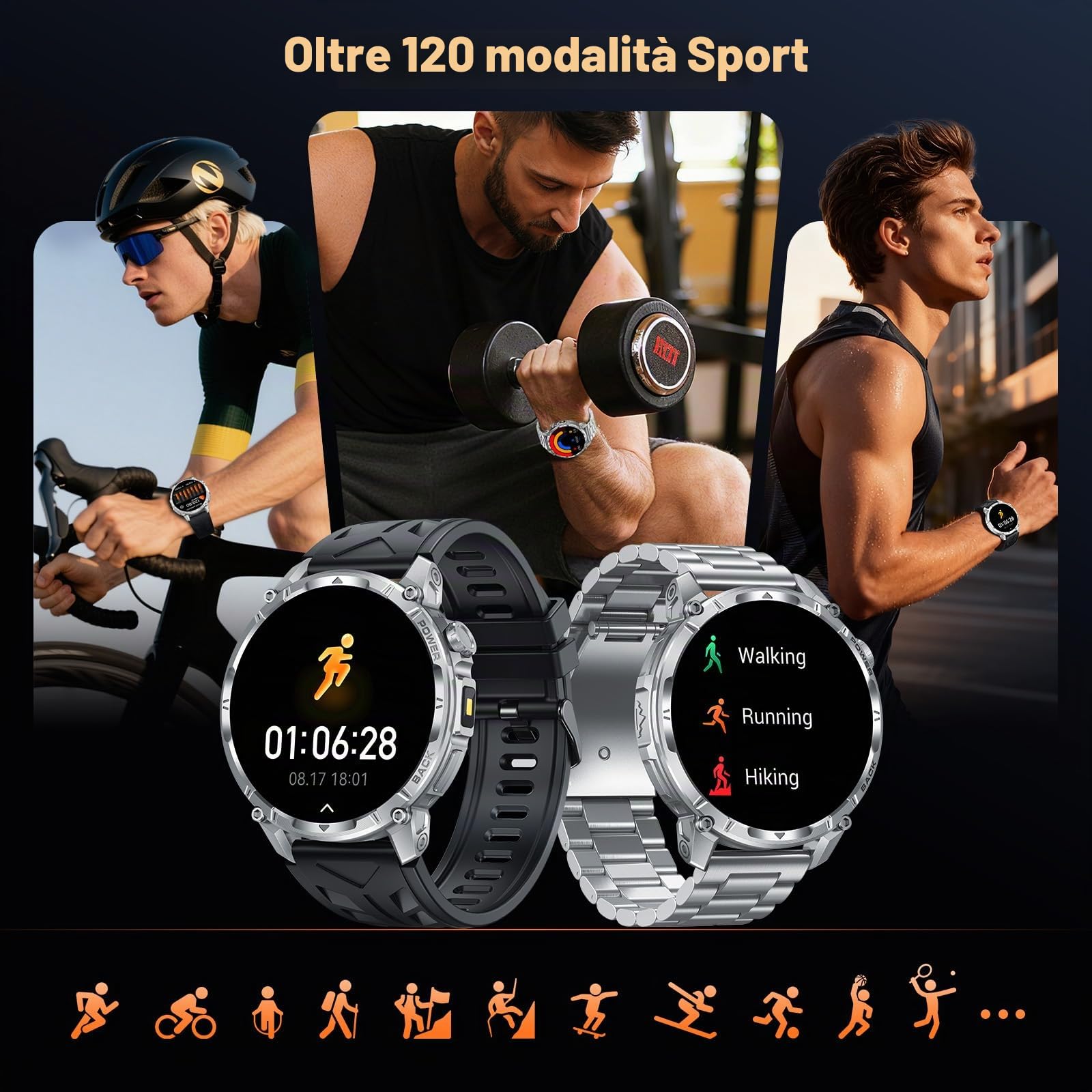 Smartwatch Uomo, 1,7'' Militari Orologio smart watch uomo Torcia 100 Giorno Standby Chiamate Bluetooth 120+ Modalità Sportive SpO2 Cardiofrequenzimetro Sonno IP68 Android iOS (Acciaio Argento)