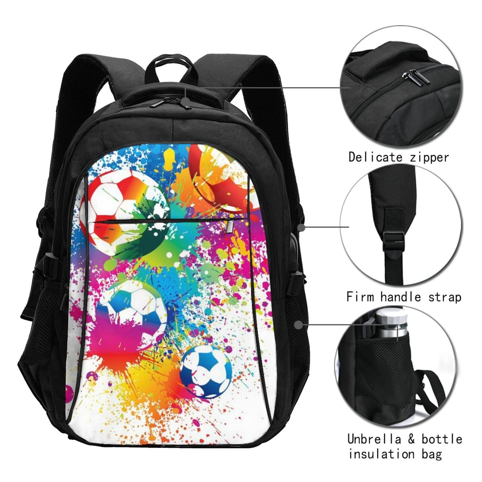 InOmak Schizzi di colore su tutto il pallone da calcio, Zaino da viaggio casual per laptop con porta di ricarica USB per uomo e donna