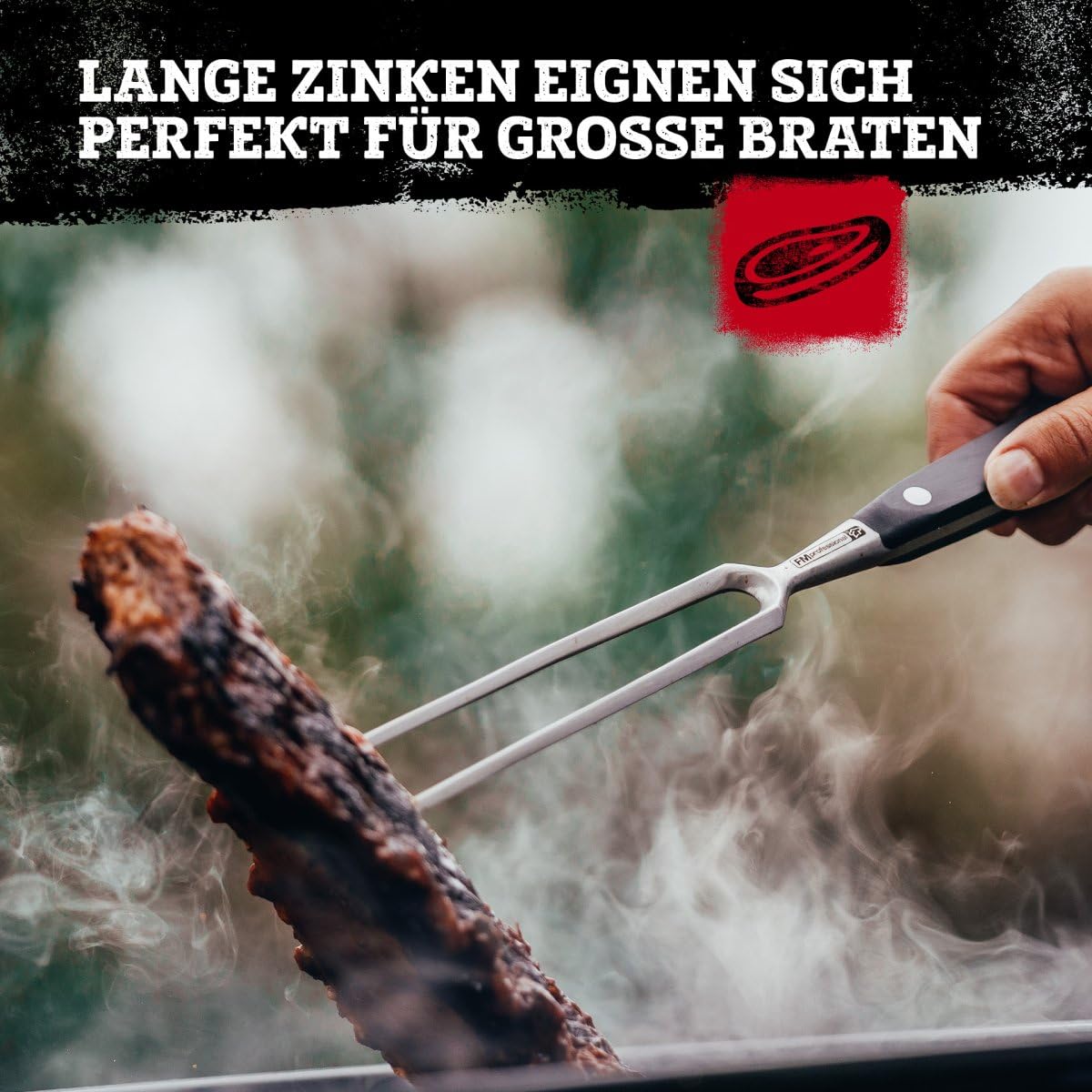 FMProfessional Fleischgabel für Steaks, Braten & Gemüse by Fackelmann – Grillgabel mit langen Zinken – Tranchiergabel zum Wenden und fixieren von Fleisch & Co.