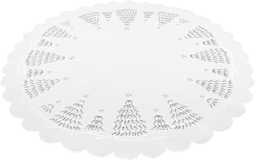 Miniatura 2 de Linens, Art and Things Decoración de árbol de Navidad bordada de plata nevada sobre mesa redonda marfil, mantel pequeño (33 pulgadas, redondo)
