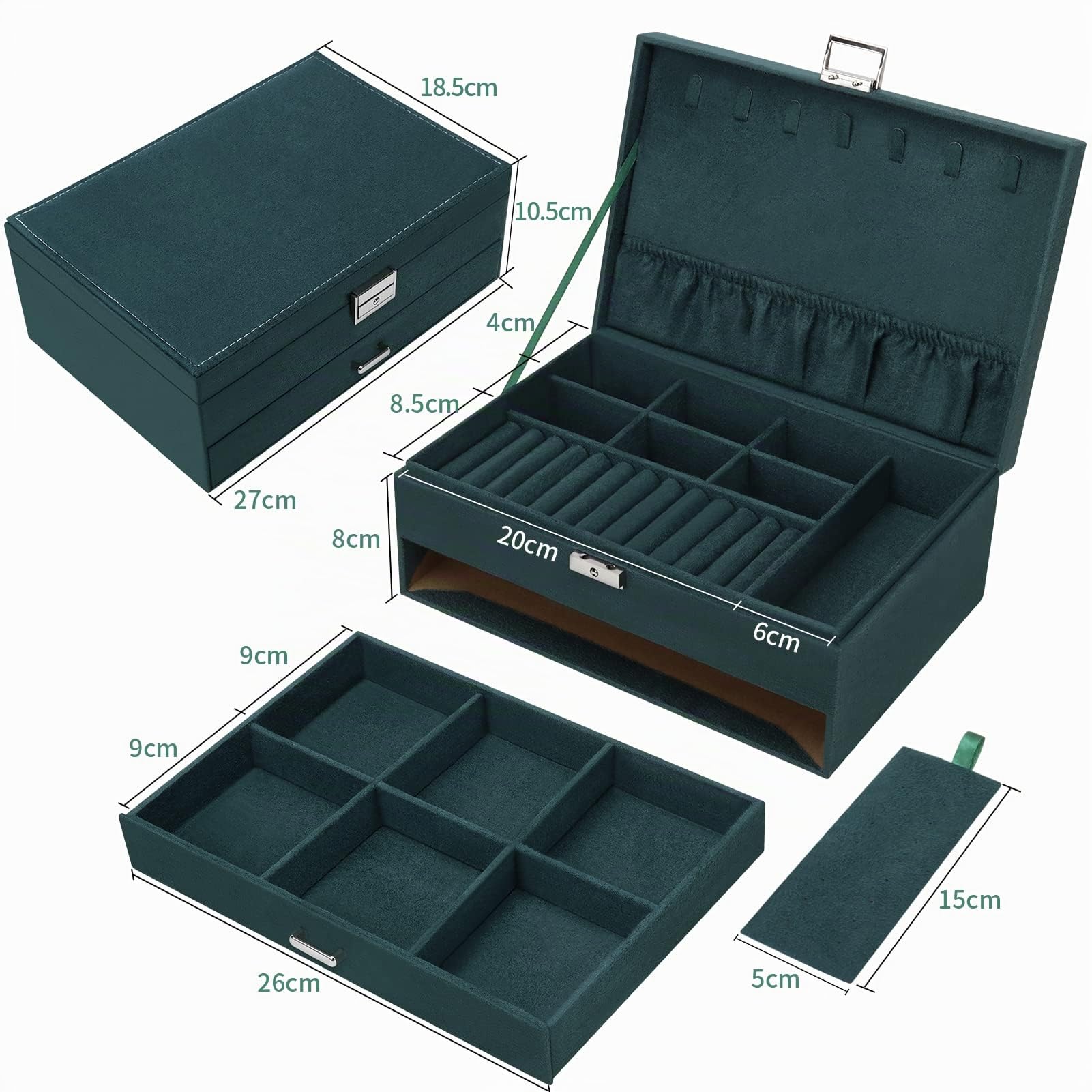 Schmuckkasten, Schmuckkästchen mit Schubladen für Damen Mädchen, Samt Schmuckbox Schmuckschatulle Groß Schmuck Organizer für Ringe Ohrringe Armbänder Halsketten, Dunkelgrün
