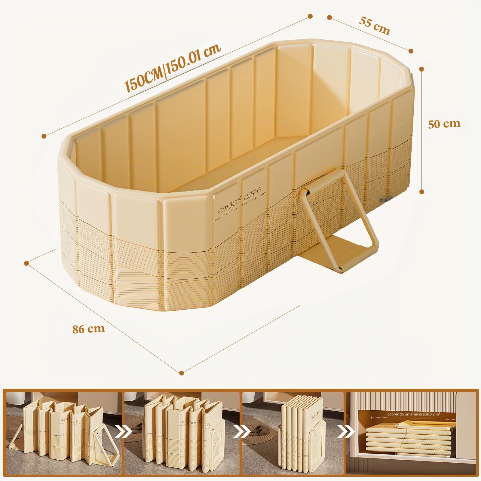 Vasca da bagno pieghevole per adulti con coperchio, design isolante portatile, vasca pieghevole profonda, include cuscino per seduta e tubo di scarico, 1,5 metri, arancione/oro