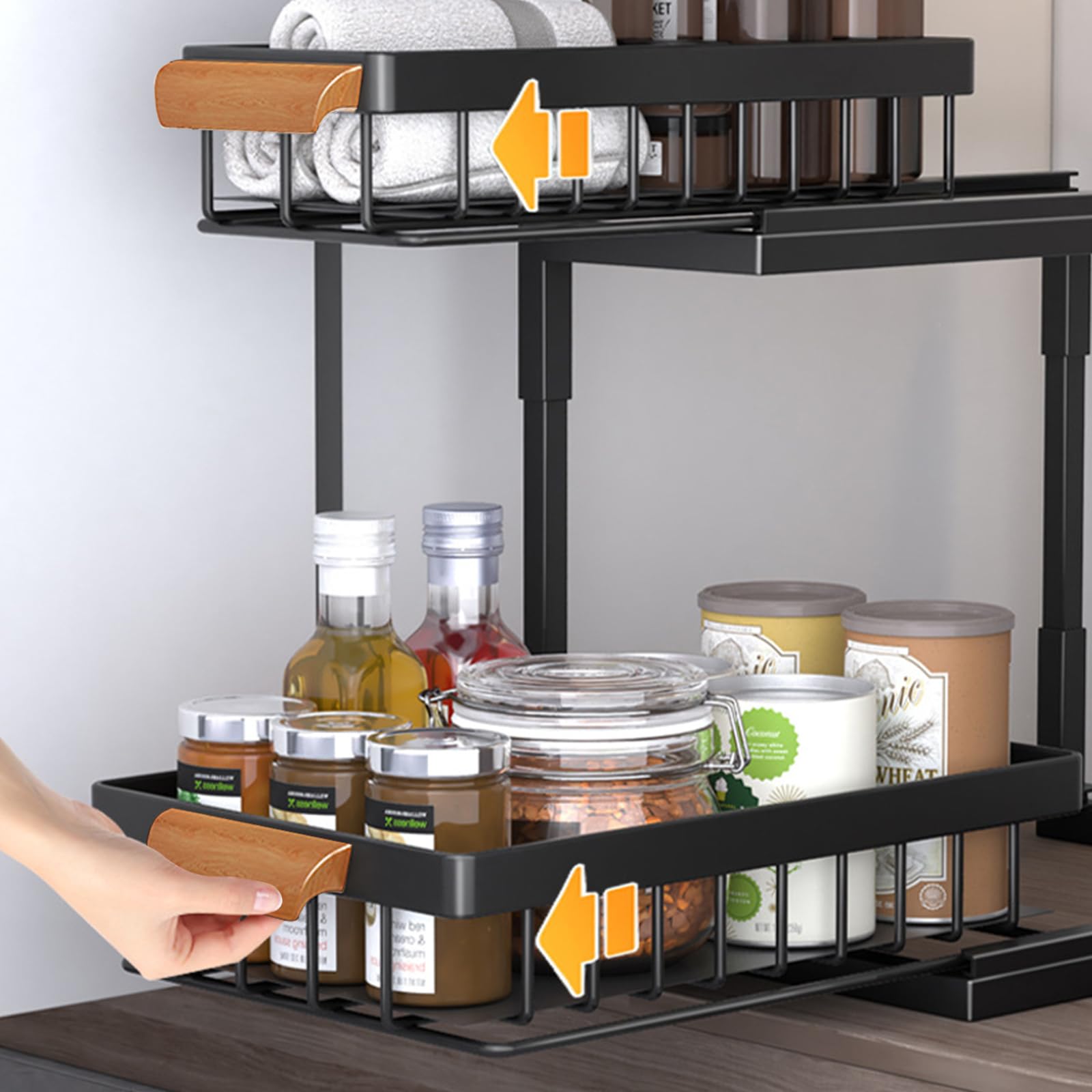 Organizador de almacenamiento para debajo del fregadero, estante deslizante de acero al carbono para armario de cocina, 27 x 36,5 x 37 cm, color negro