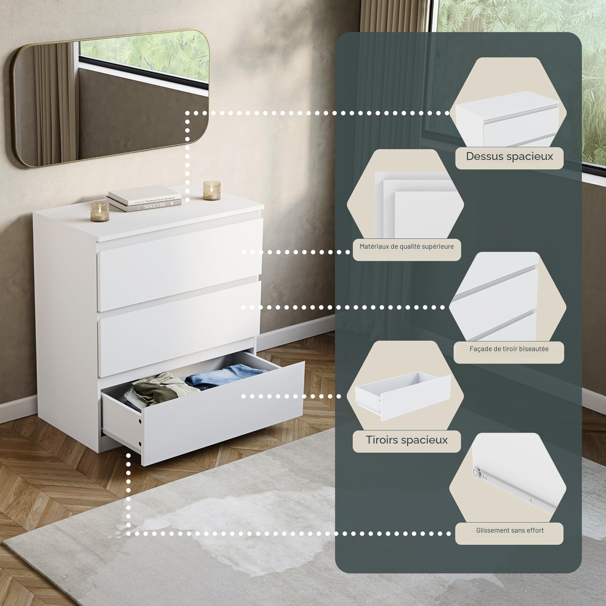 Vida Designs Denver Commode à tiroirs (Blanc, 3 tiroirs)