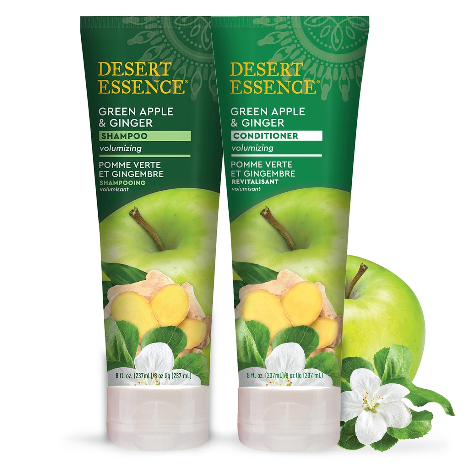 Desert Essence Green Apple & Ginger Shampoo - 8 Fl Ounce - Pack of 2 - Adds Volume, Strength & Shine - Moisturizer & Revitalizing - Coconut Oil - - Apple & Ginger Root Extract