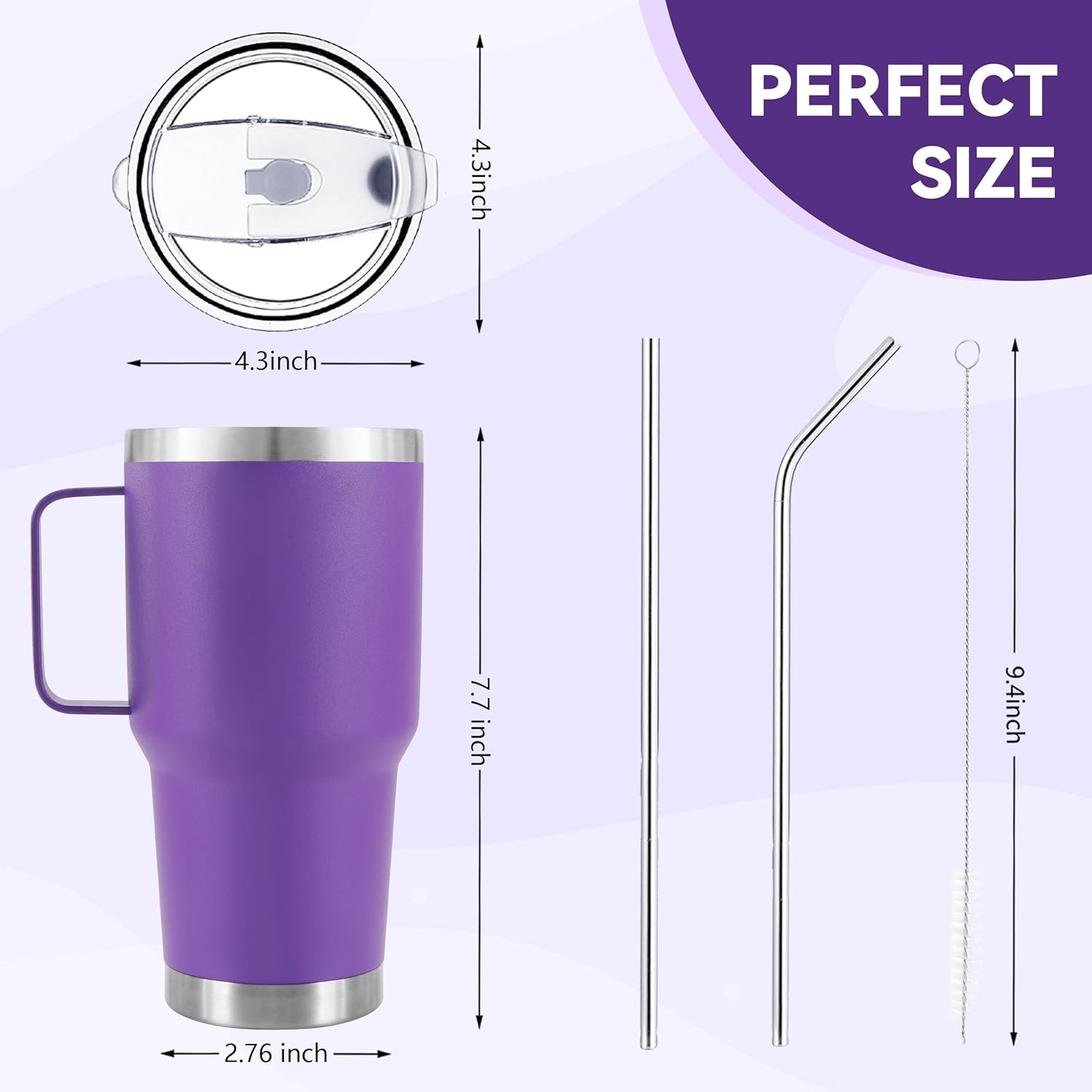 30 oz Tumbler With Handle, Double Wall Stainless Steel Vacuum Insulated Travel Mug with Splash-Proof Lid Metal Straw and Brush (Purple) - Image 2