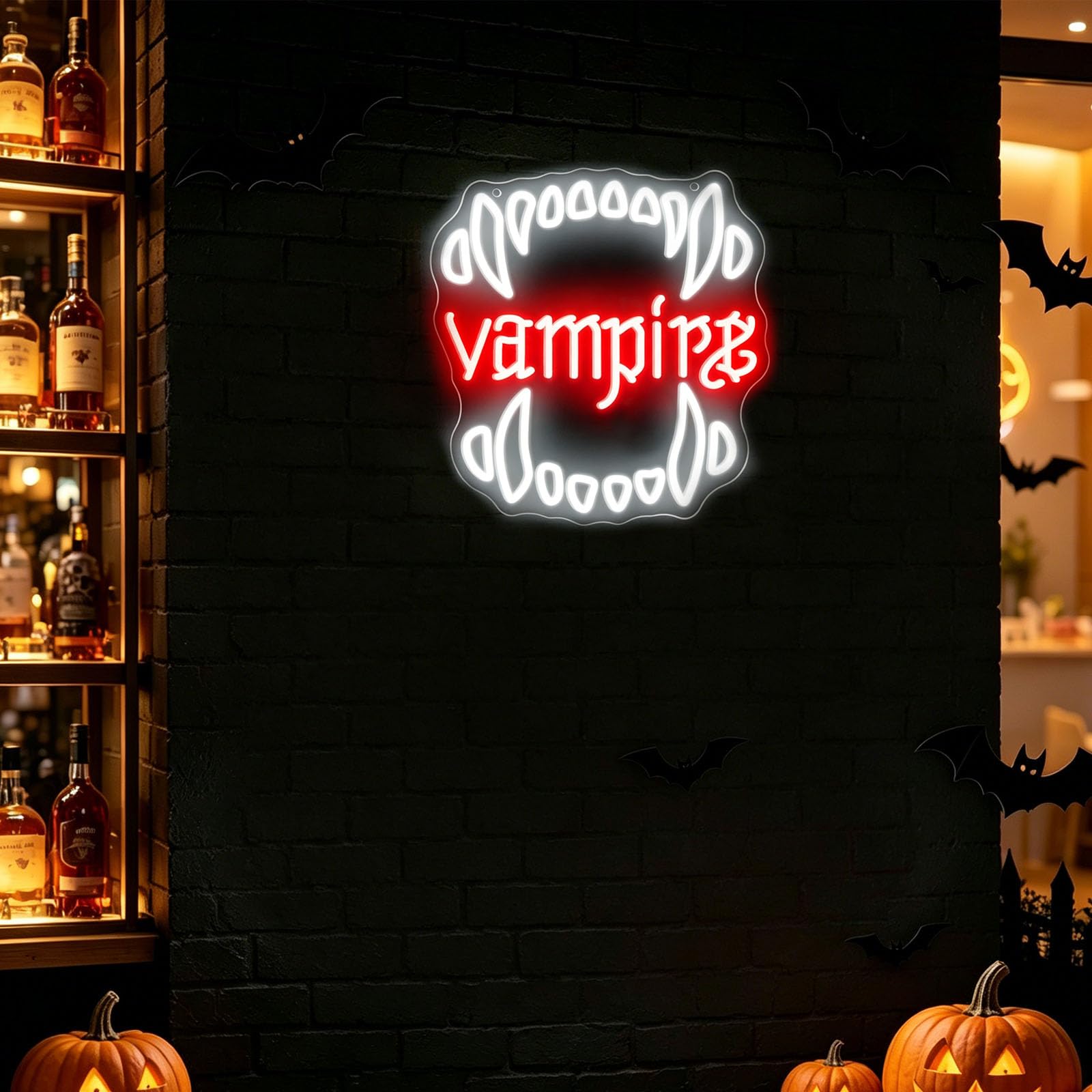 Vampire Fangs Neon Sign for Wall Decor Acrylic Spooky Pumpkin LED Wall Light Dimmable LED Spooky Vampire Neon Signs for Dance Party Men's Secret Base Haunted House Decoration (D 13.8 in × W 13 in)