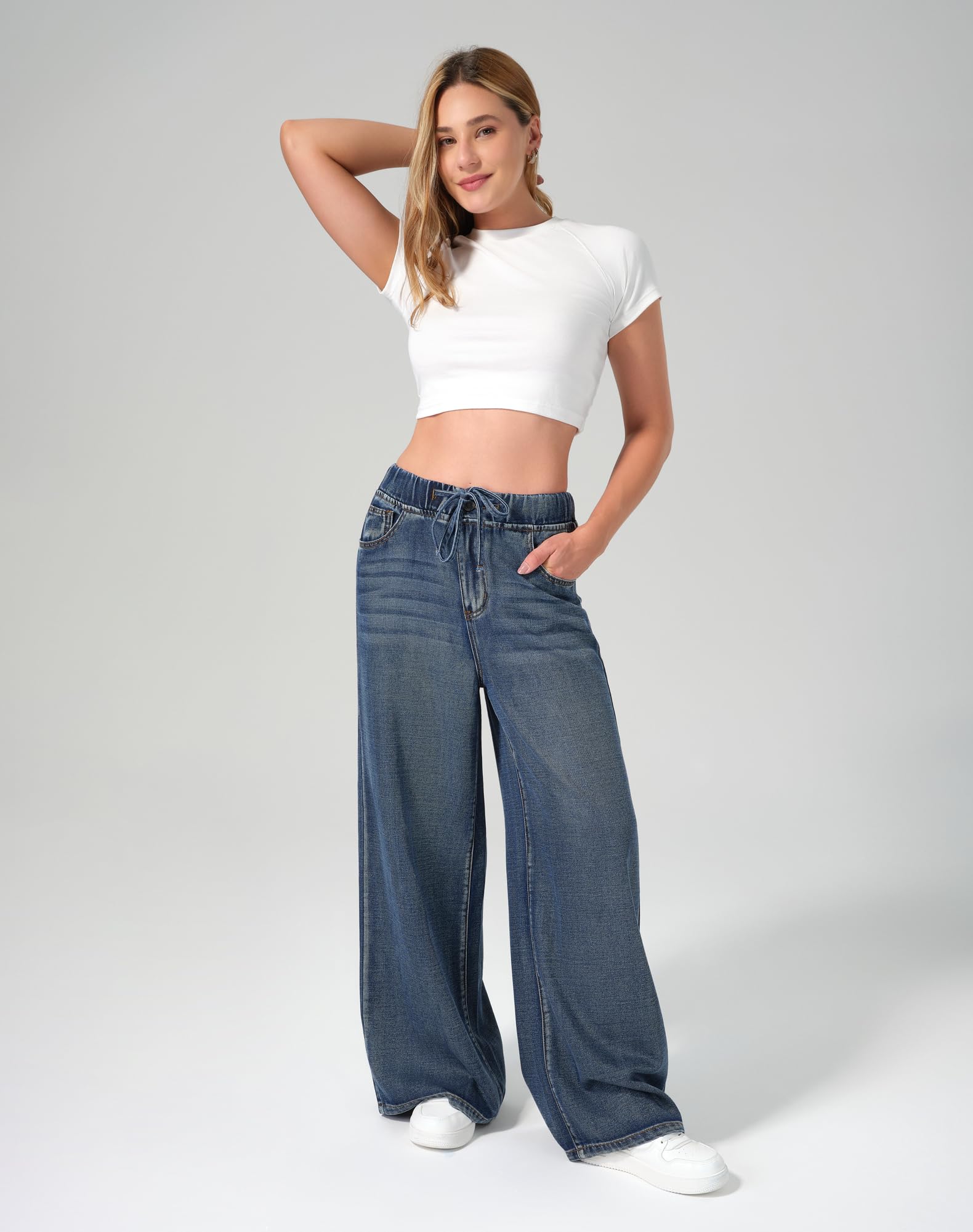 roswear Women's Wide Leg Jeans Sweatpants Elastic Waist with Drawstring Baggy Loose Fit Pants