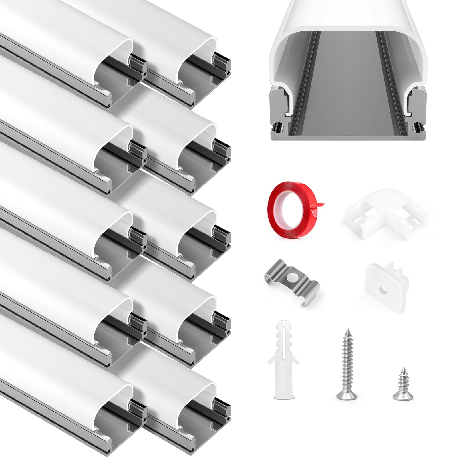 HOMMAND LED Channel, 10m U Shape LED Profile with Aluminium, Diffuser Strip, Connectors, End Caps & Mounting Clips