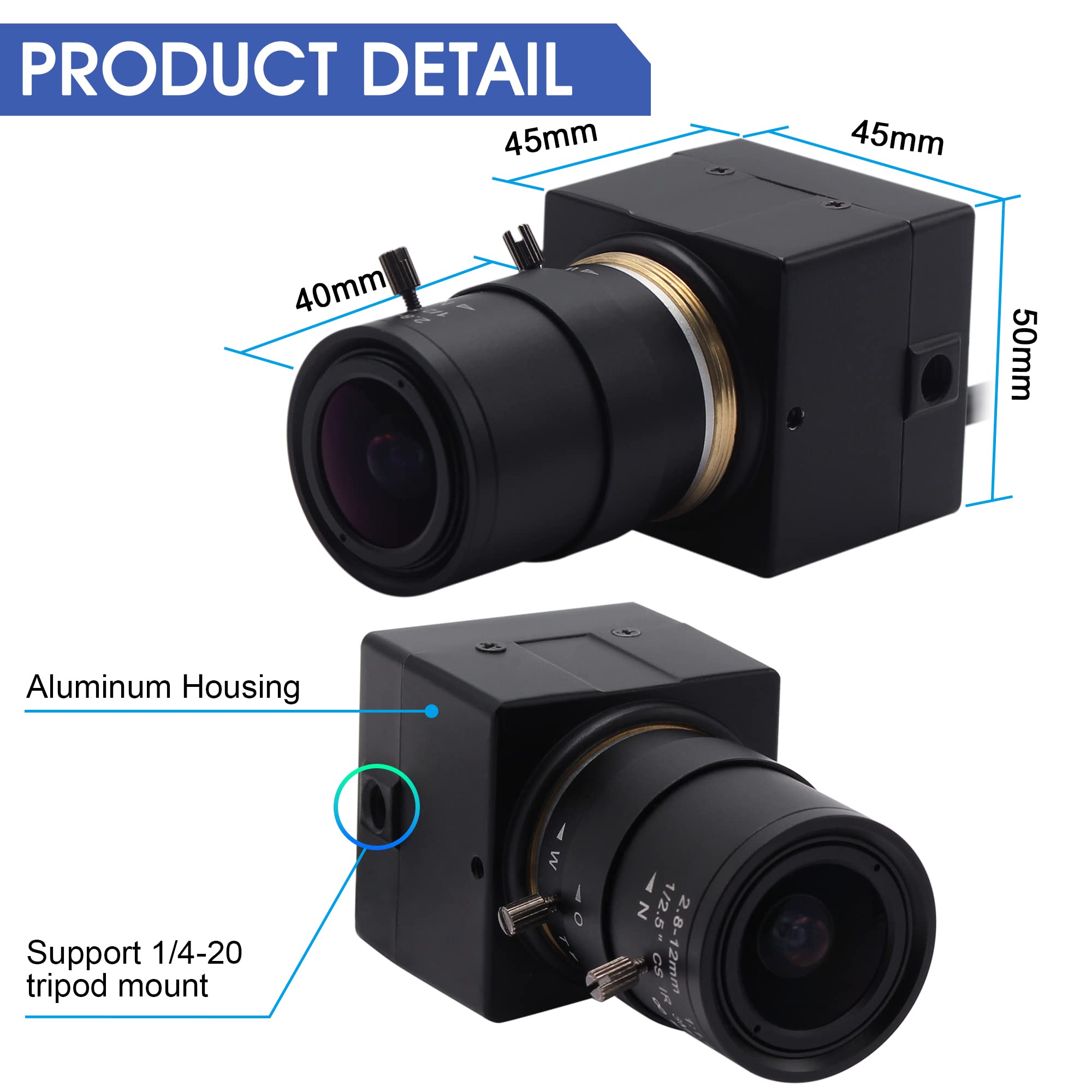 ELP Cámara web 4K Ultra HD 2160P con lente de enfoque manual óptico gran angular de 2.8-12 mm, sensor IMX415 con zoom USB para videoconferencia, Plug and Play para Windows, Linux, Mac